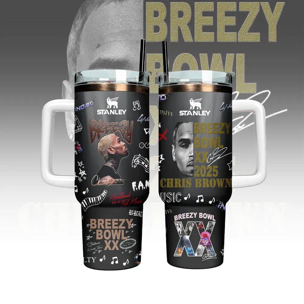 Hydratemerch Chris Brown Tour 2025 Music Custom Stanley Quencher 40oz Stainless Steel Tumbler With Handle