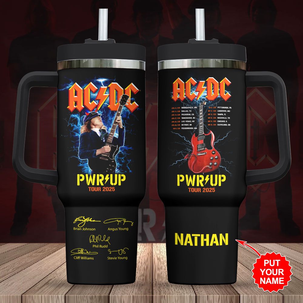 Hydratemerch AC/DC Music Custom Stanley Quencher 40oz Stainless Steel Tumbler With Handle