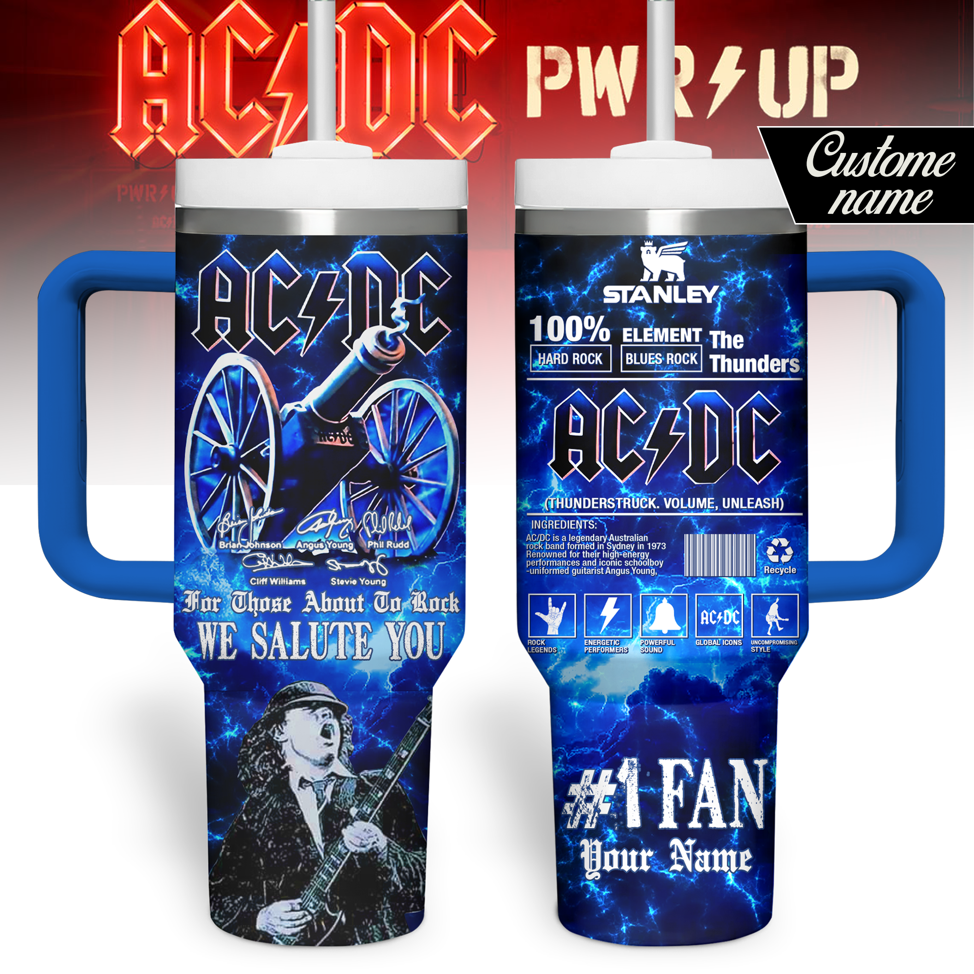 Hydratemerch AC/DC Music Custom Stanley Quencher 40oz Stainless Steel Tumbler With Handle