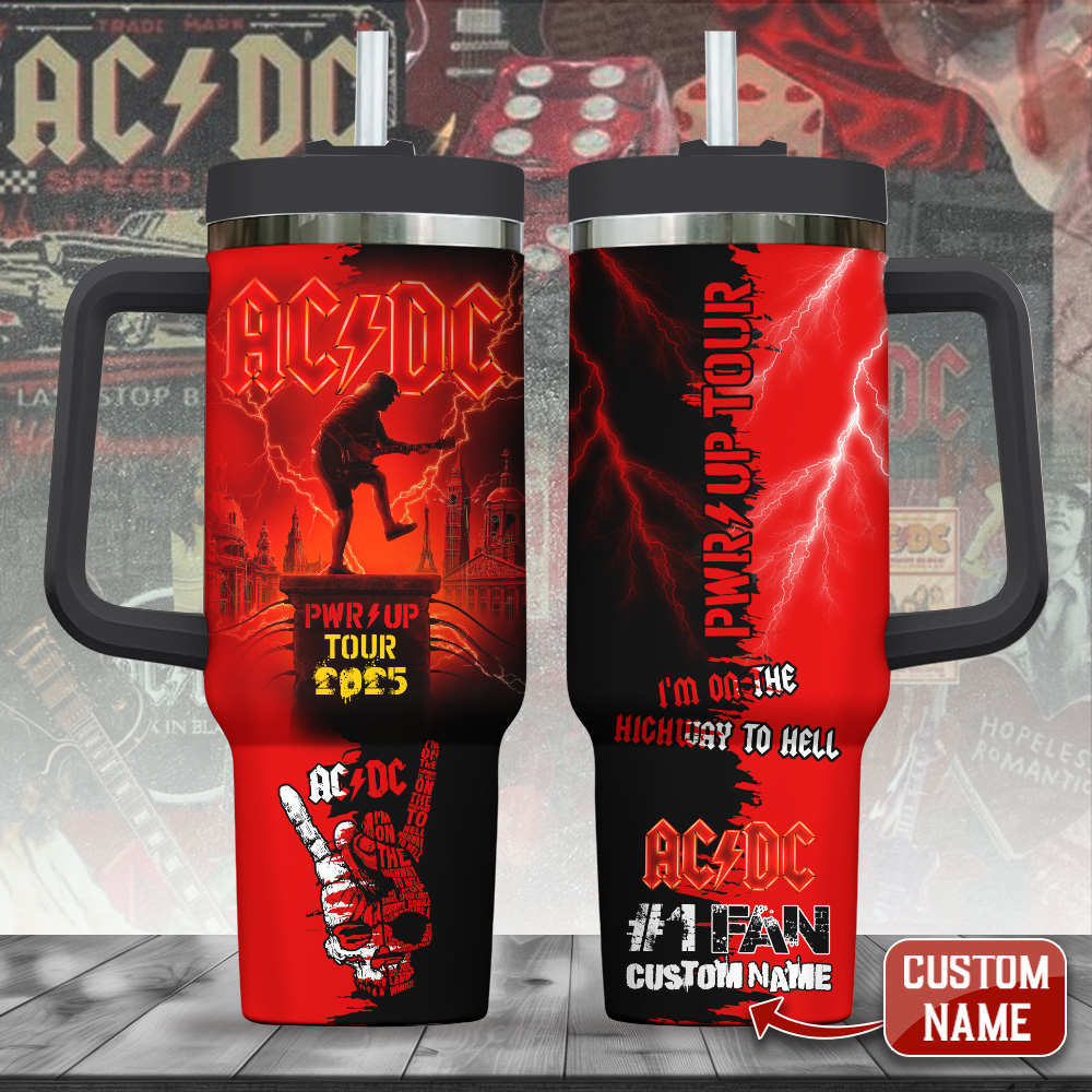 Hydratemerch AC/DC Music Custom Stanley Quencher 40oz Stainless Steel Tumbler With Handle