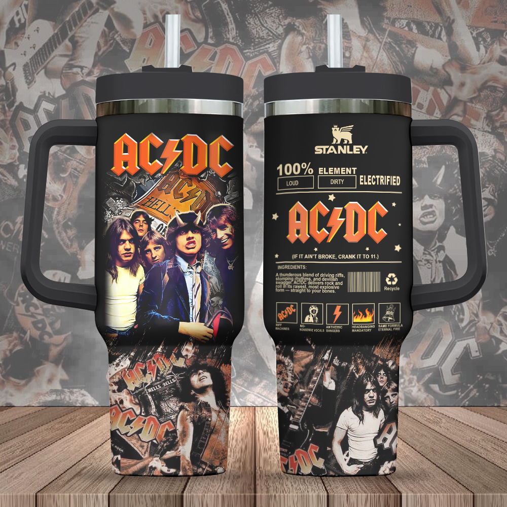 Hydratemerch AC/DC Music Custom Stanley Quencher 40oz Stainless Steel Tumbler With Handle