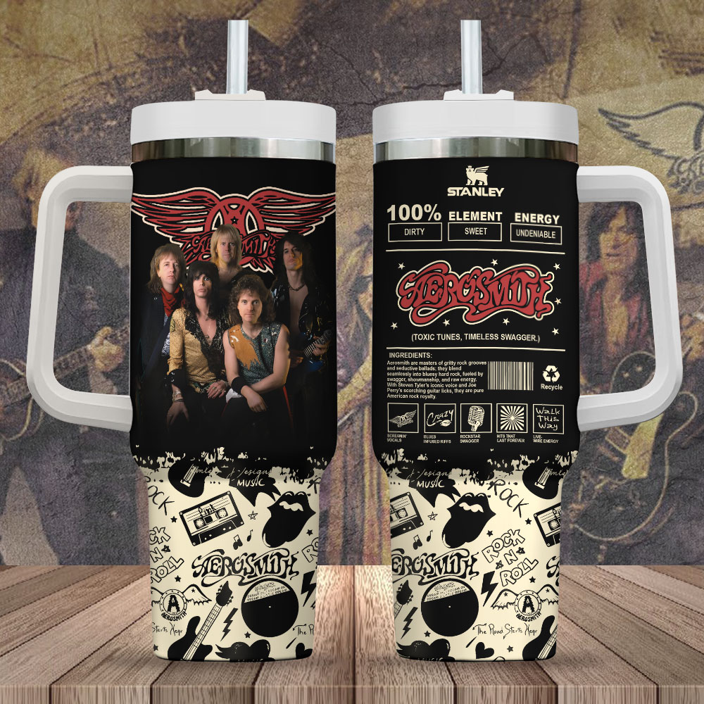 Hydratemerch Aerosmith Music Custom Stanley Quencher 40oz Stainless Steel Tumbler With Handle