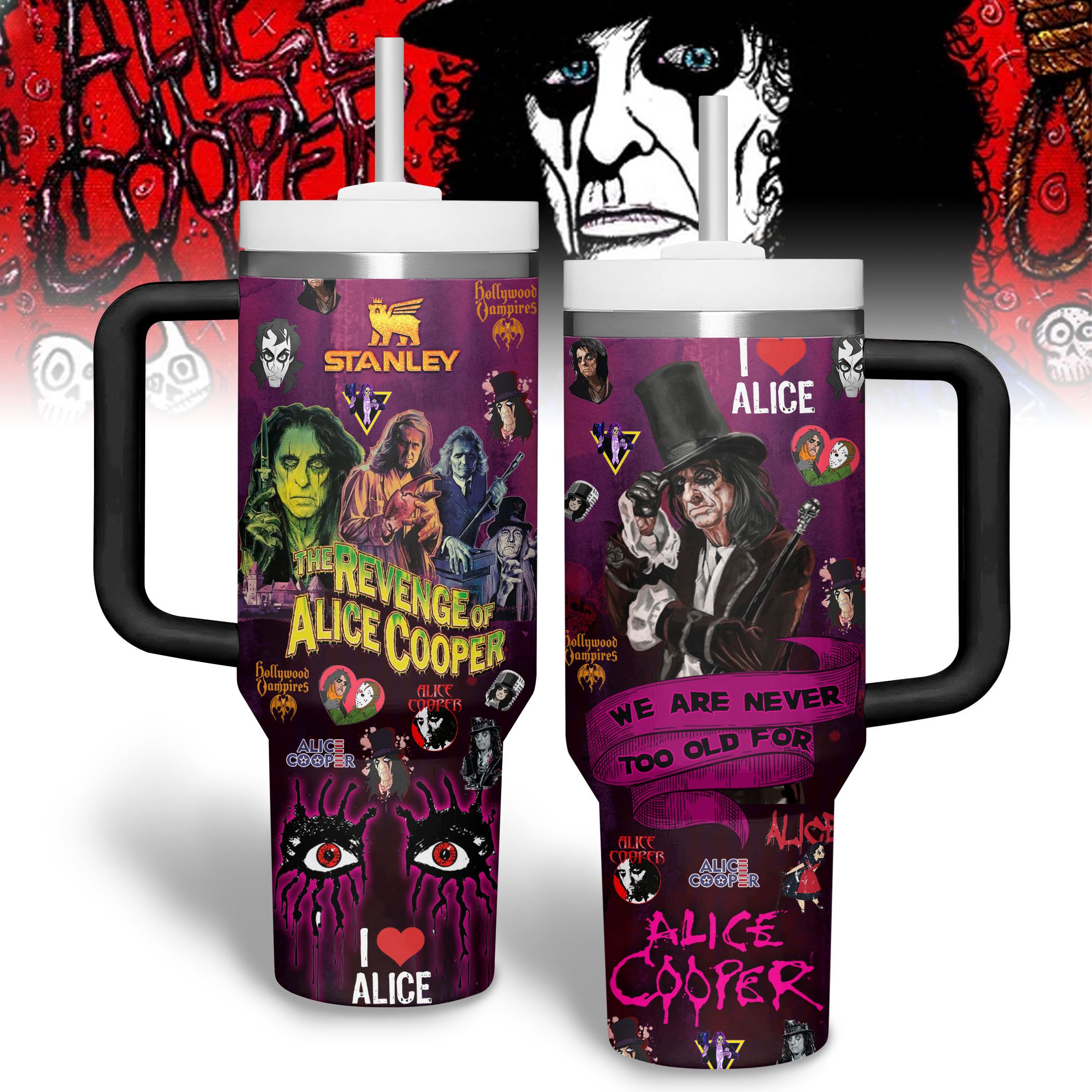 Hydratemerch Alice Cooper Music Custom Stanley Quencher 40oz Stainless Steel Tumbler With Handle