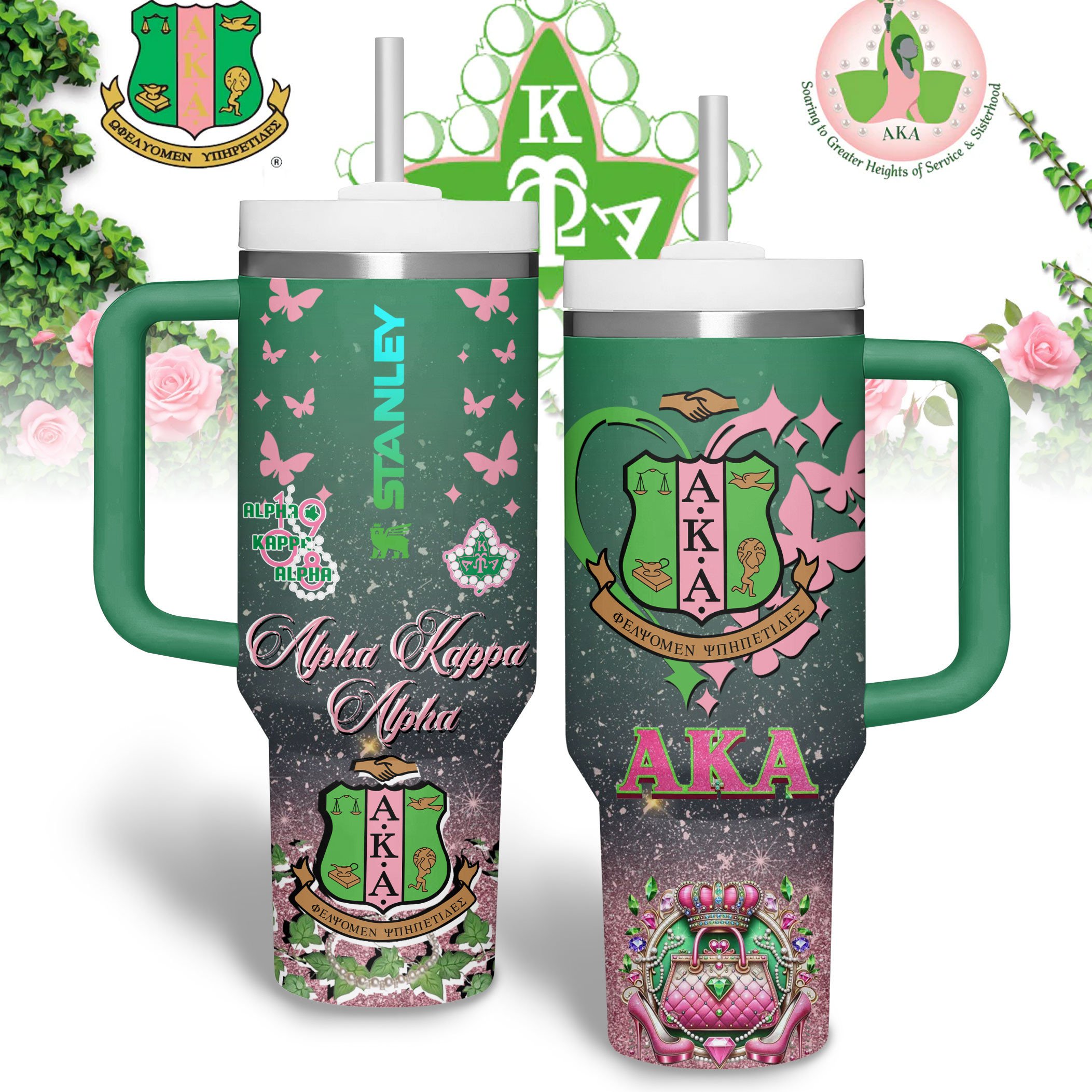 Hydratemerch Alpha Kappa Alpha Custom Stanley Quencher 40oz Stainless Steel Tumbler With Handle