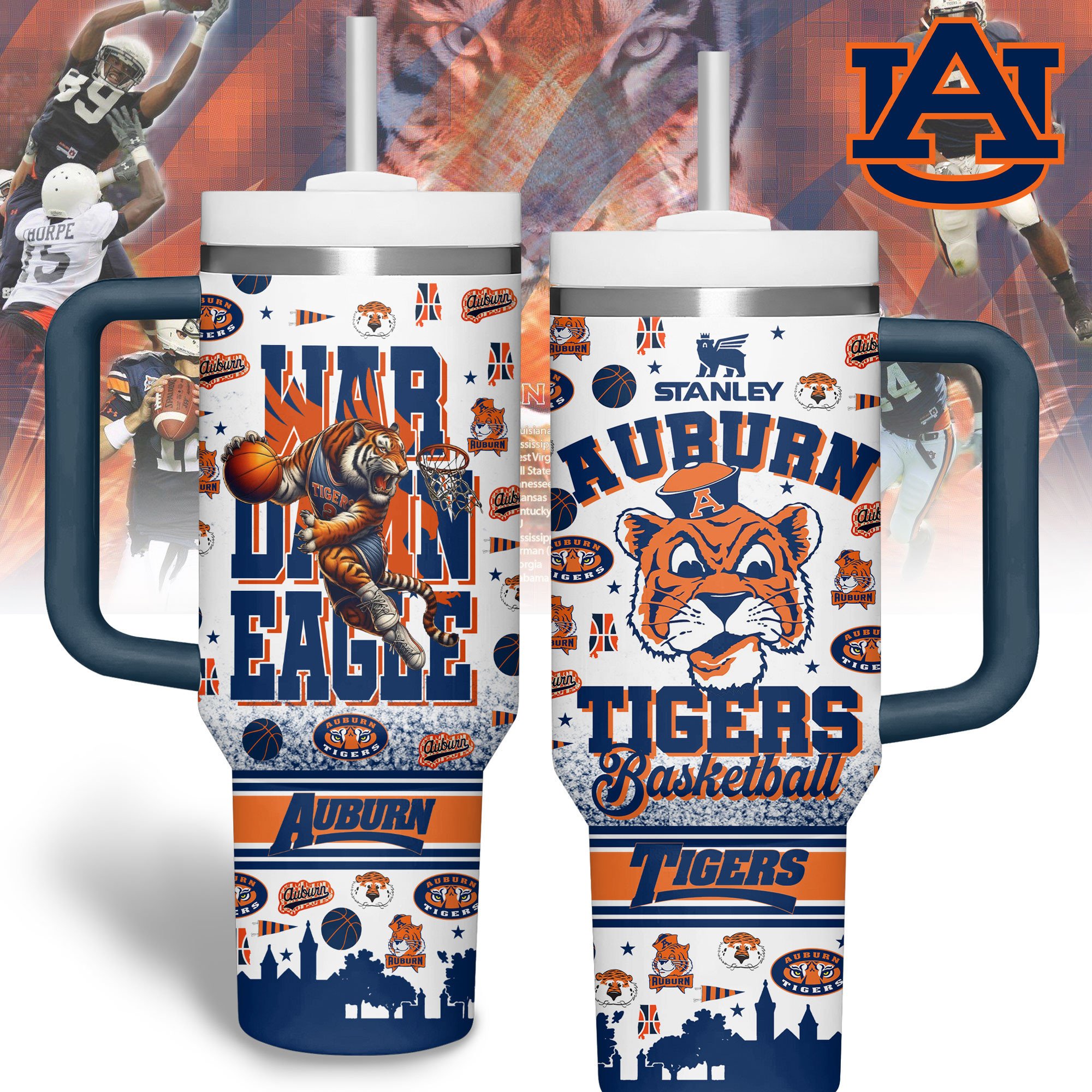 Hydratemerch Auburn Tigers NCAA Custom Stanley Quencher 40oz Stainless Steel Tumbler With Handle
