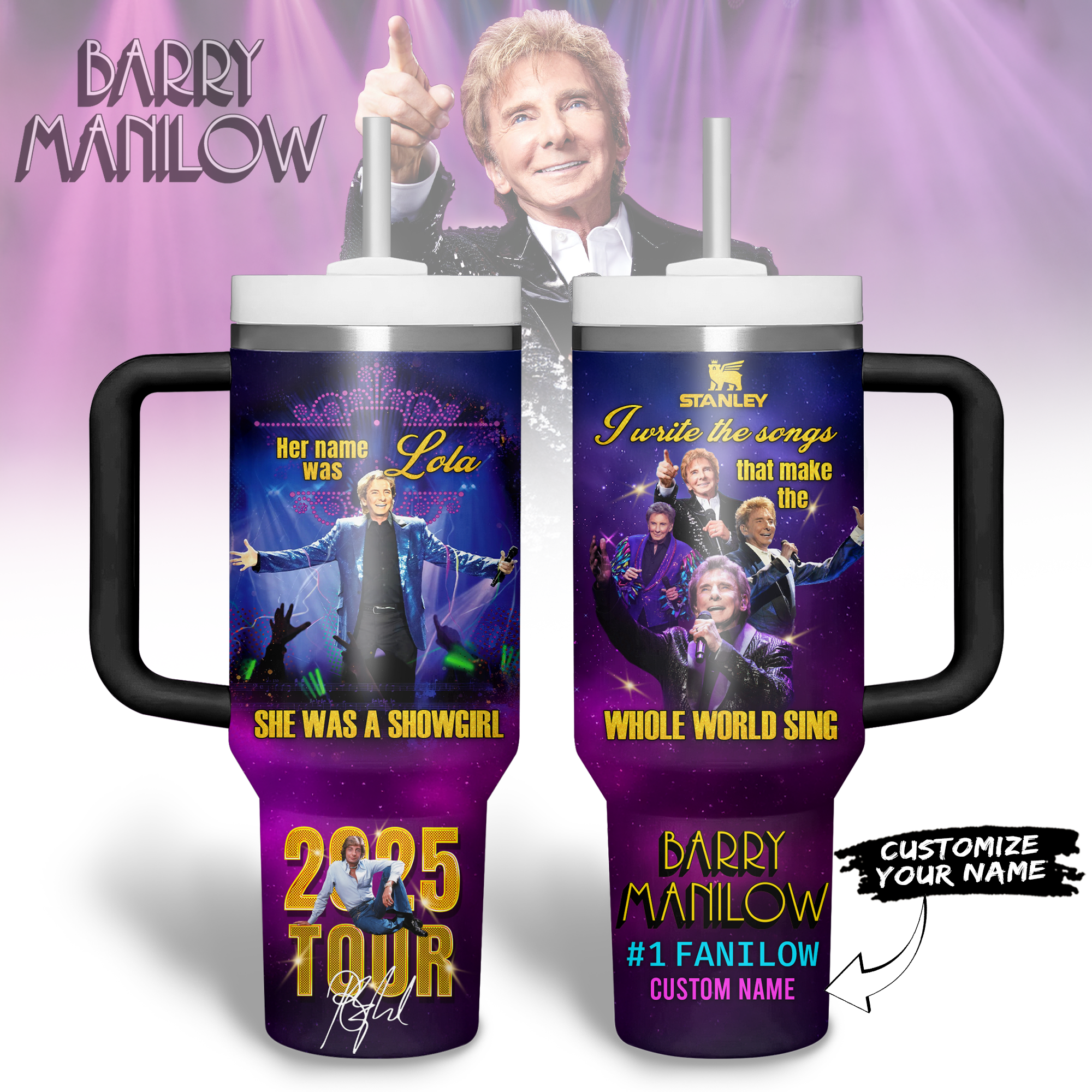 Hydratemerch Barry Manilow Music Custom Stanley Quencher 40oz Stainless Steel Tumbler With Handle