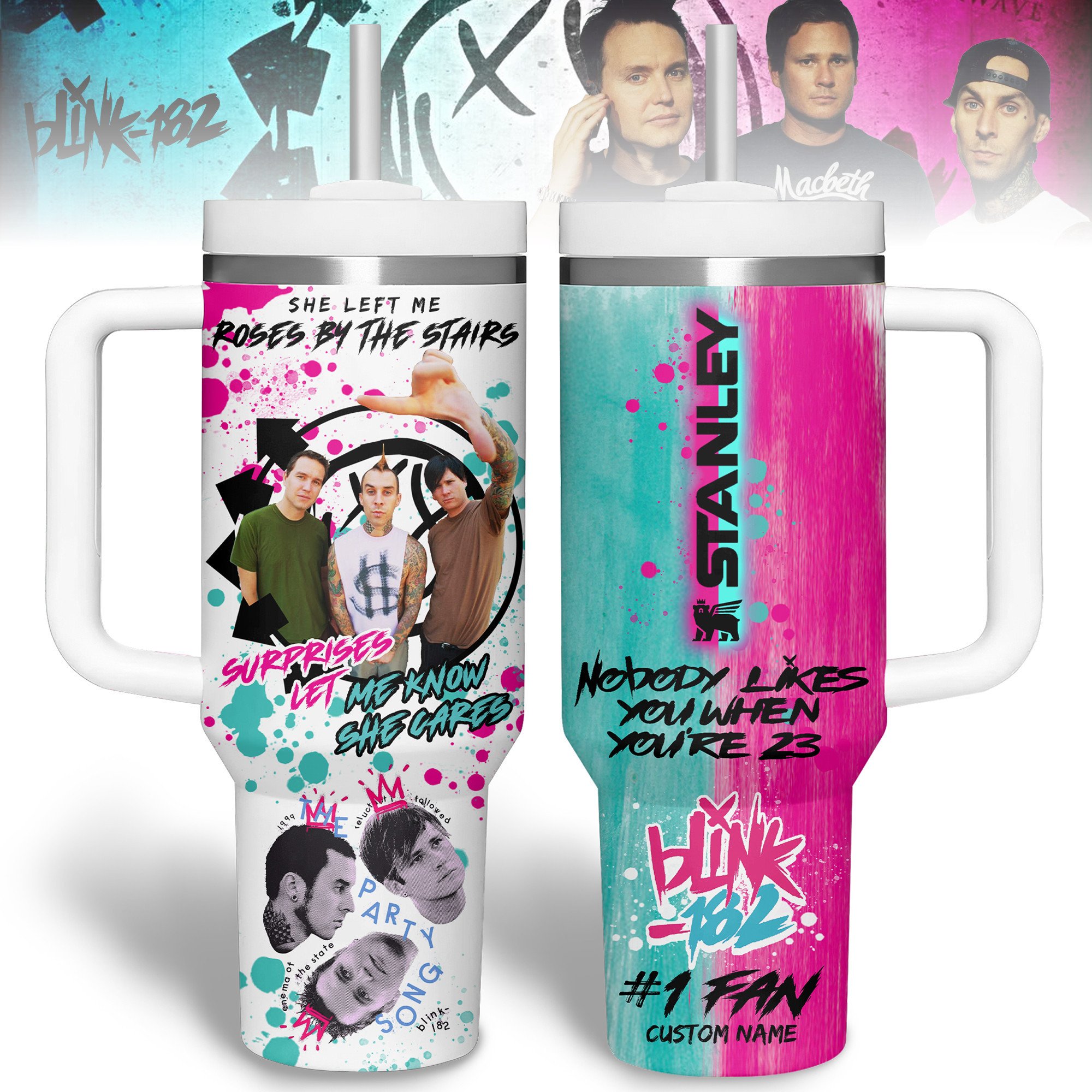Hydratemerch Blink-182 Music Custom Stanley Quencher 40oz Stainless Steel Tumbler With Handle