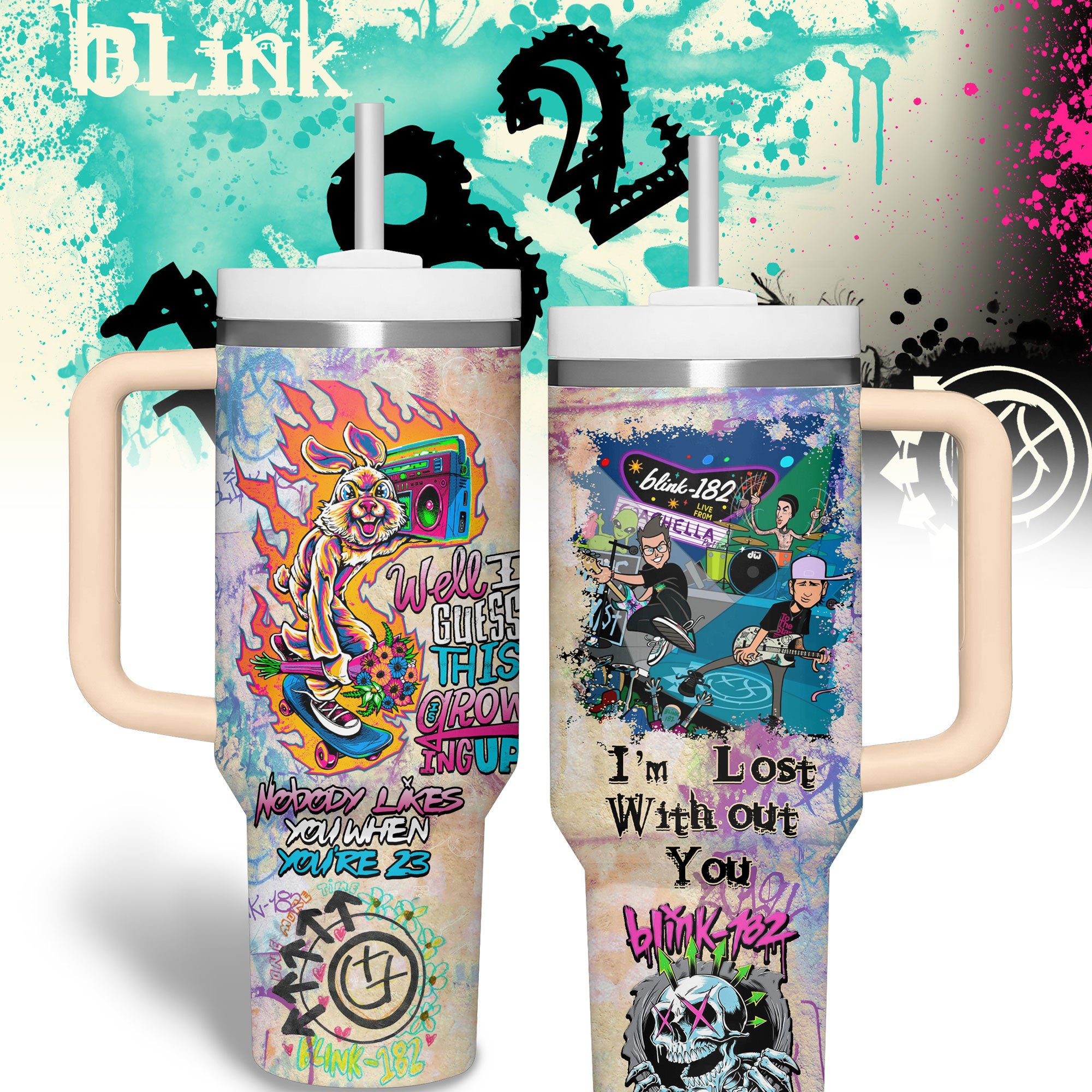Hydratemerch Blink-182 Music Custom Stanley Quencher 40oz Stainless Steel Tumbler With Handle