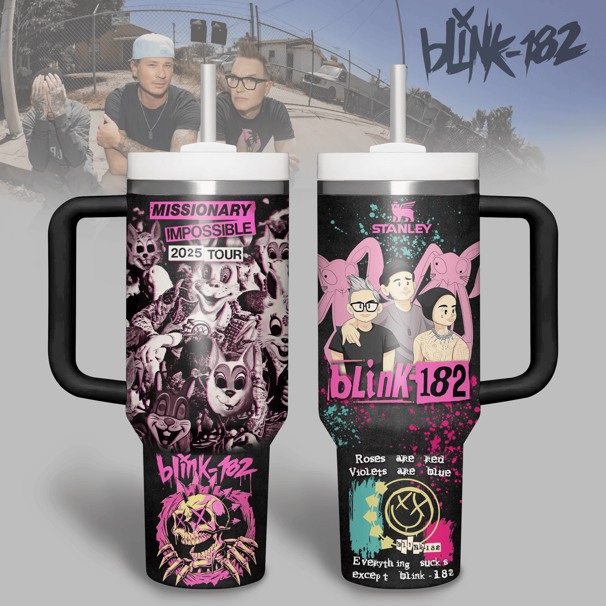 Hydratemerch Blink-182 Music Custom Stanley Quencher 40oz Stainless Steel Tumbler With Handle