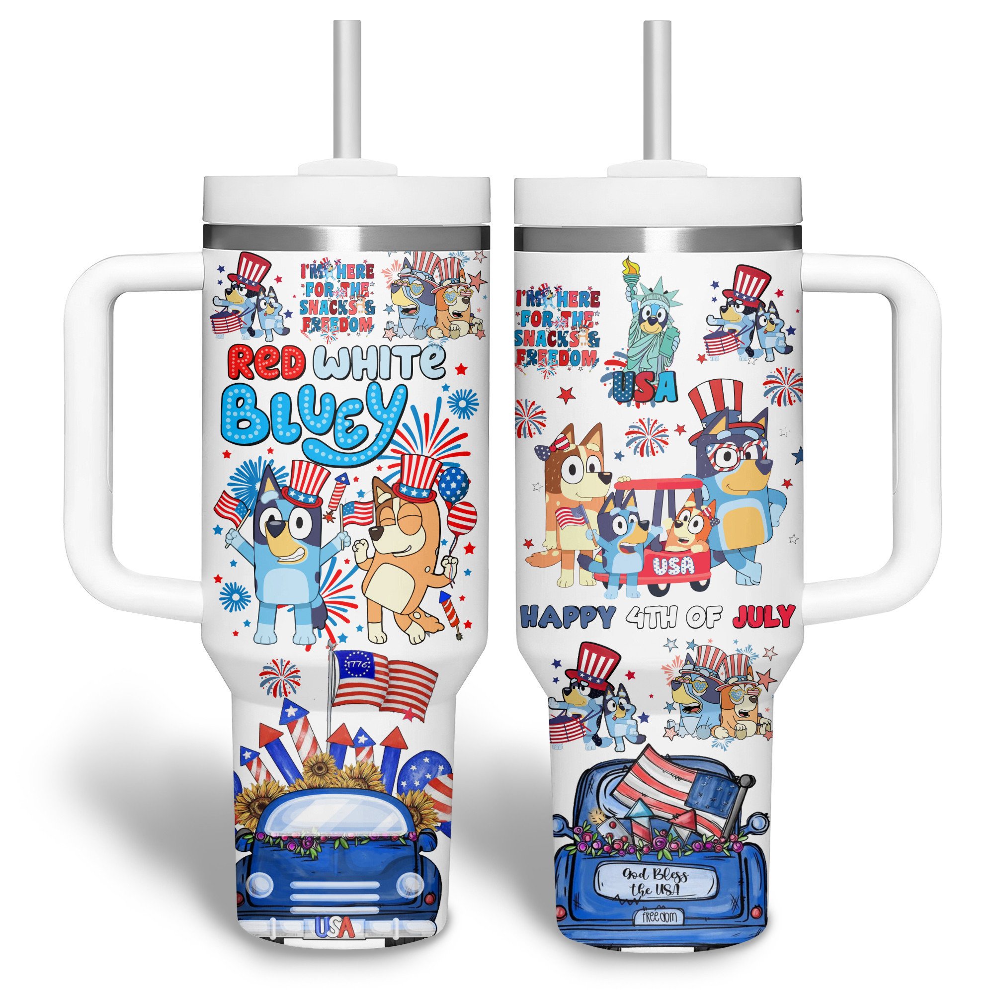Hydratemerch Bluey Cartoon Custom Stanley Quencher 40oz Stainless Steel Tumbler With Handle