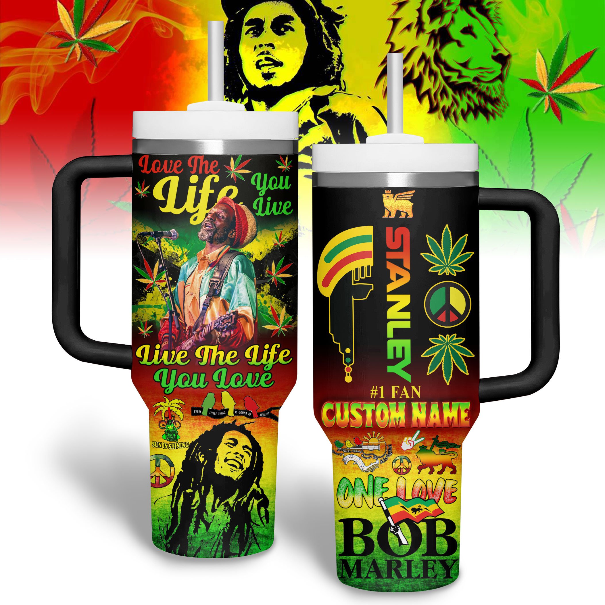 Hydratemerch Bob Marley Music Custom Stanley Quencher 40oz Stainless Steel Tumbler With Handle