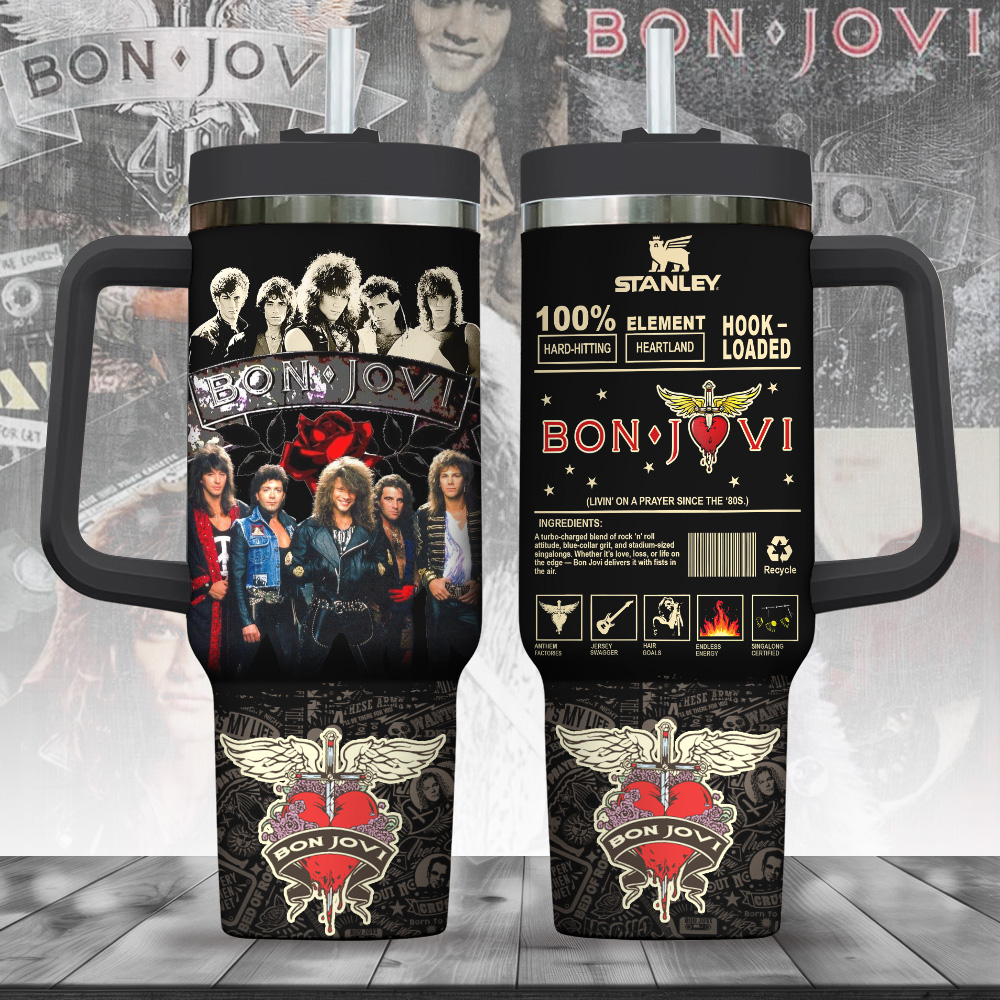 Hydratemerch Bon Jovi Music Custom Stanley Quencher 40oz Stainless Steel Tumbler With Handle