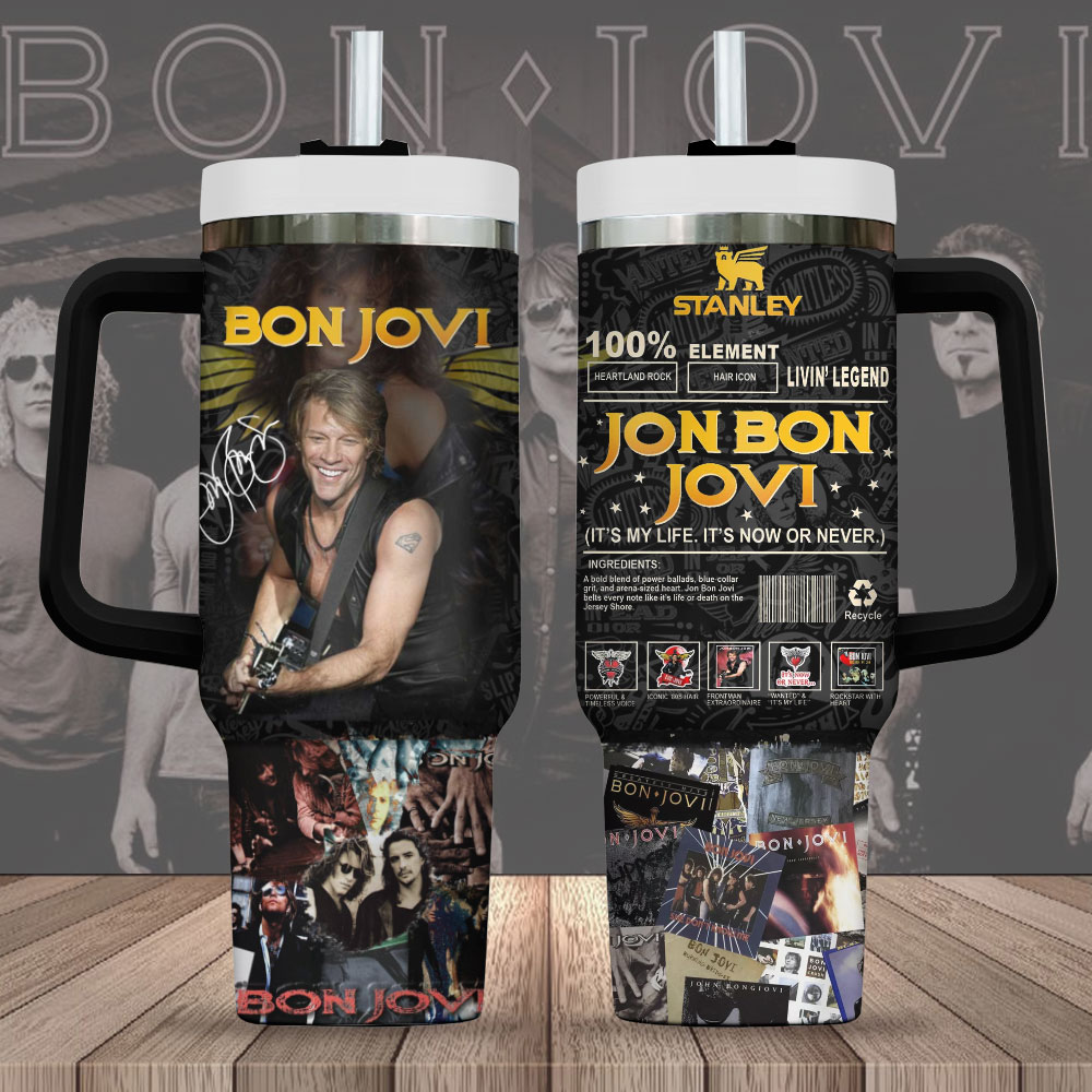 Hydratemerch Bon Jovi Music Custom Stanley Quencher 40oz Stainless Steel Tumbler With Handle
