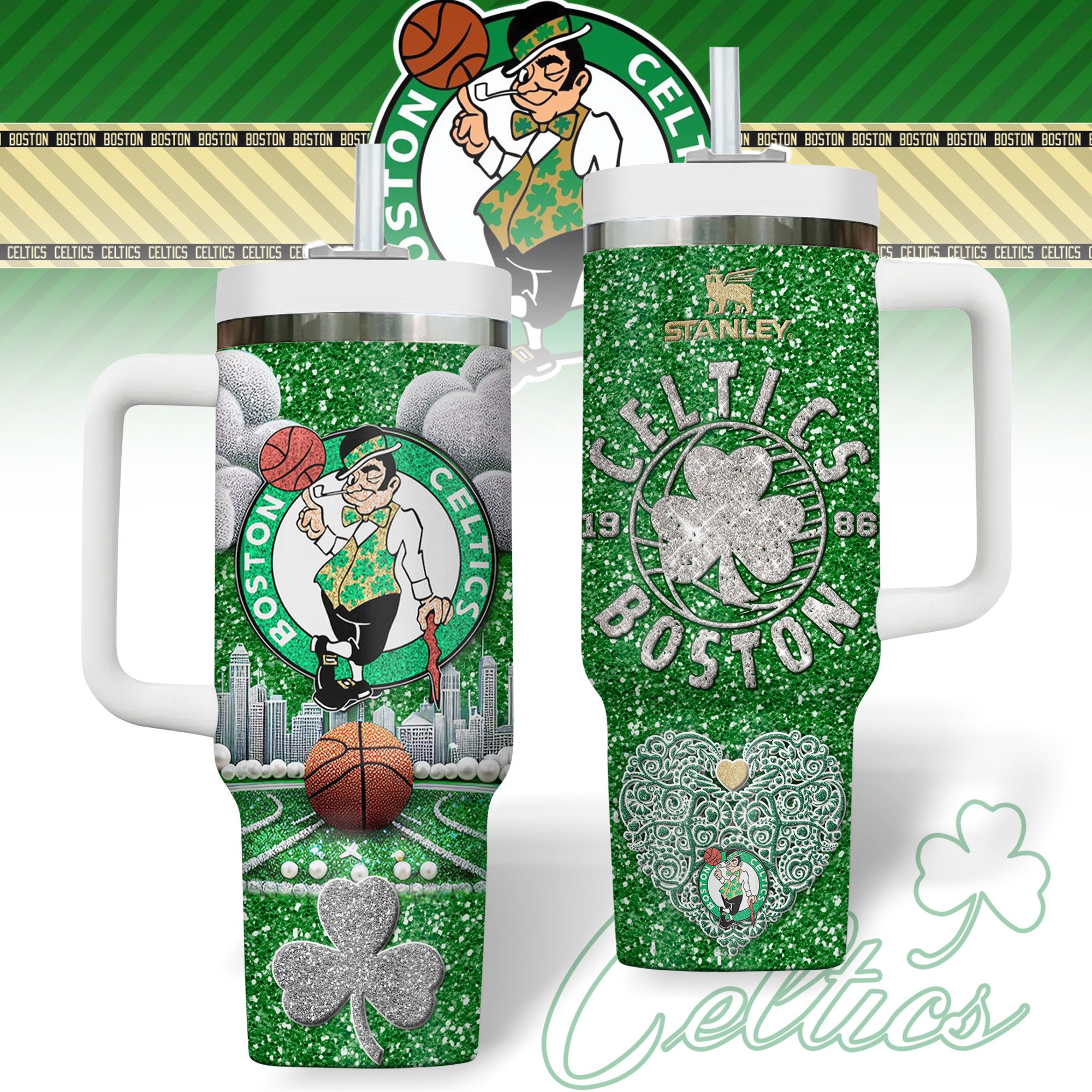 Hydratemerch Boston Celtics NBA Custom Stanley Quencher 40oz Stainless Steel Tumbler With Handle