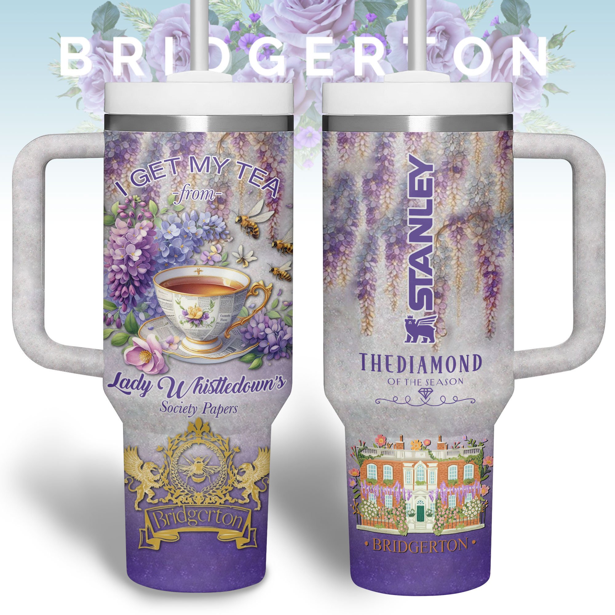 Hydratemerch Bridgerton TV Series Custom Stanley Quencher 40oz Stainless Steel Tumbler With Handle