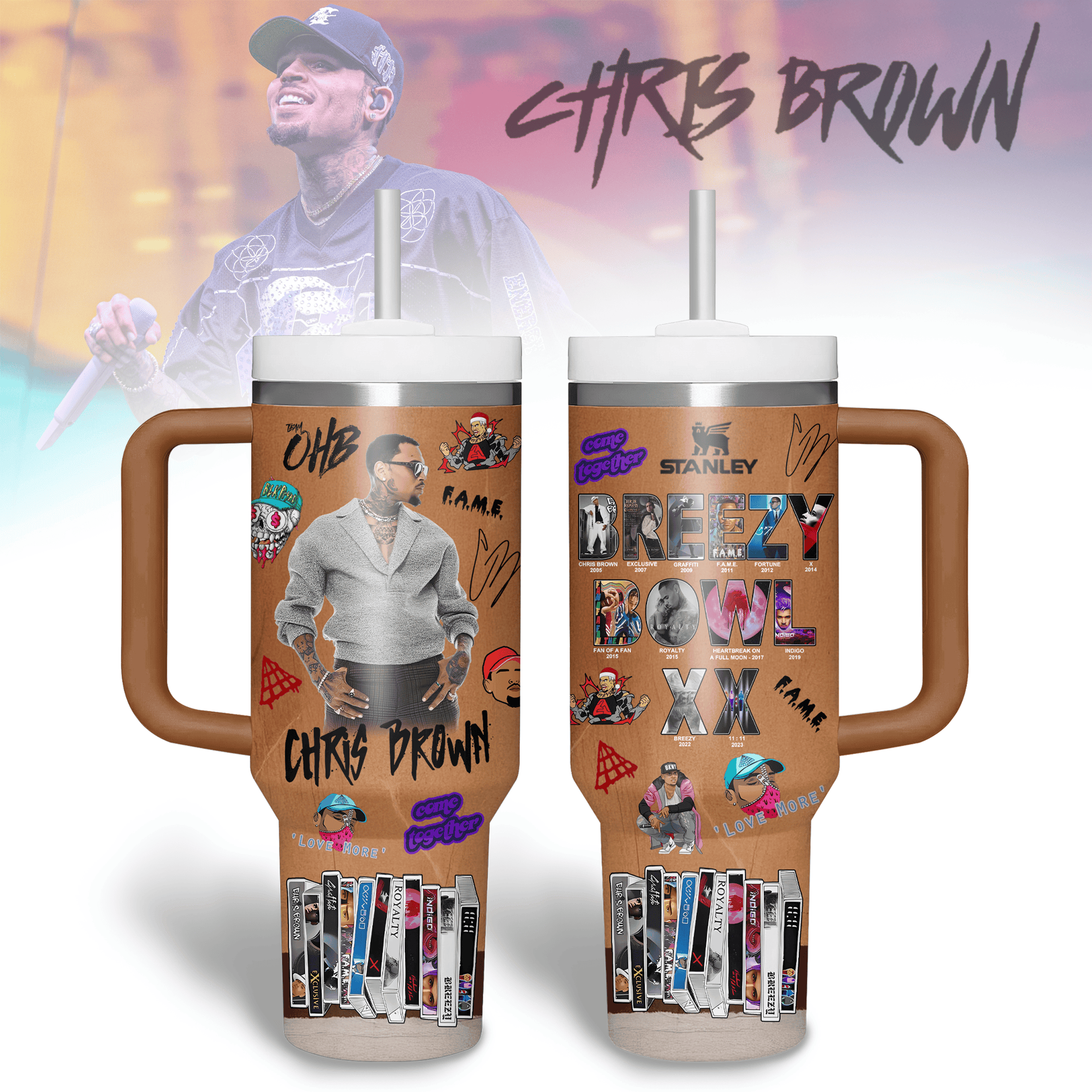 Hydratemerch Chris Brown Music Custom Stanley Quencher 40oz Stainless Steel Tumbler With Handle