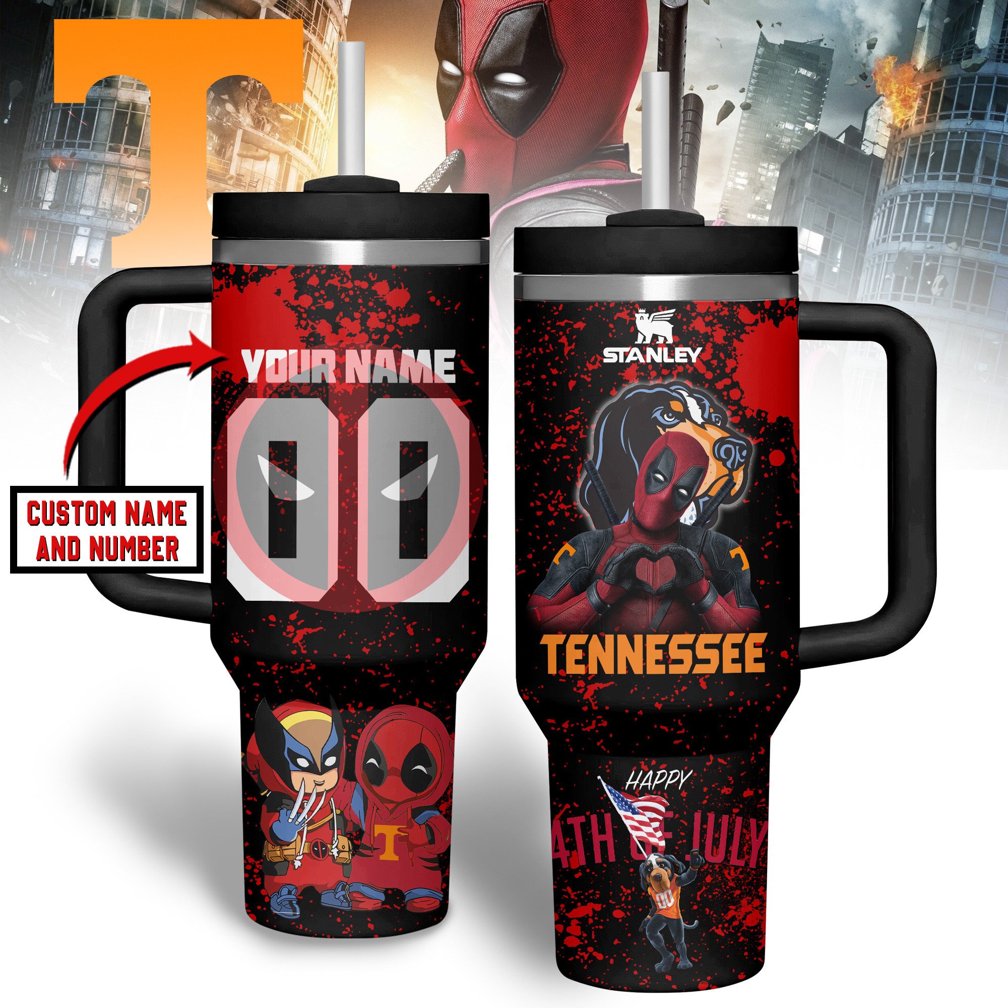 Hydratemerch Deadpool Wolverine Movies Custom Stanley Quencher 40oz Stainless Steel Tumbler With Handle