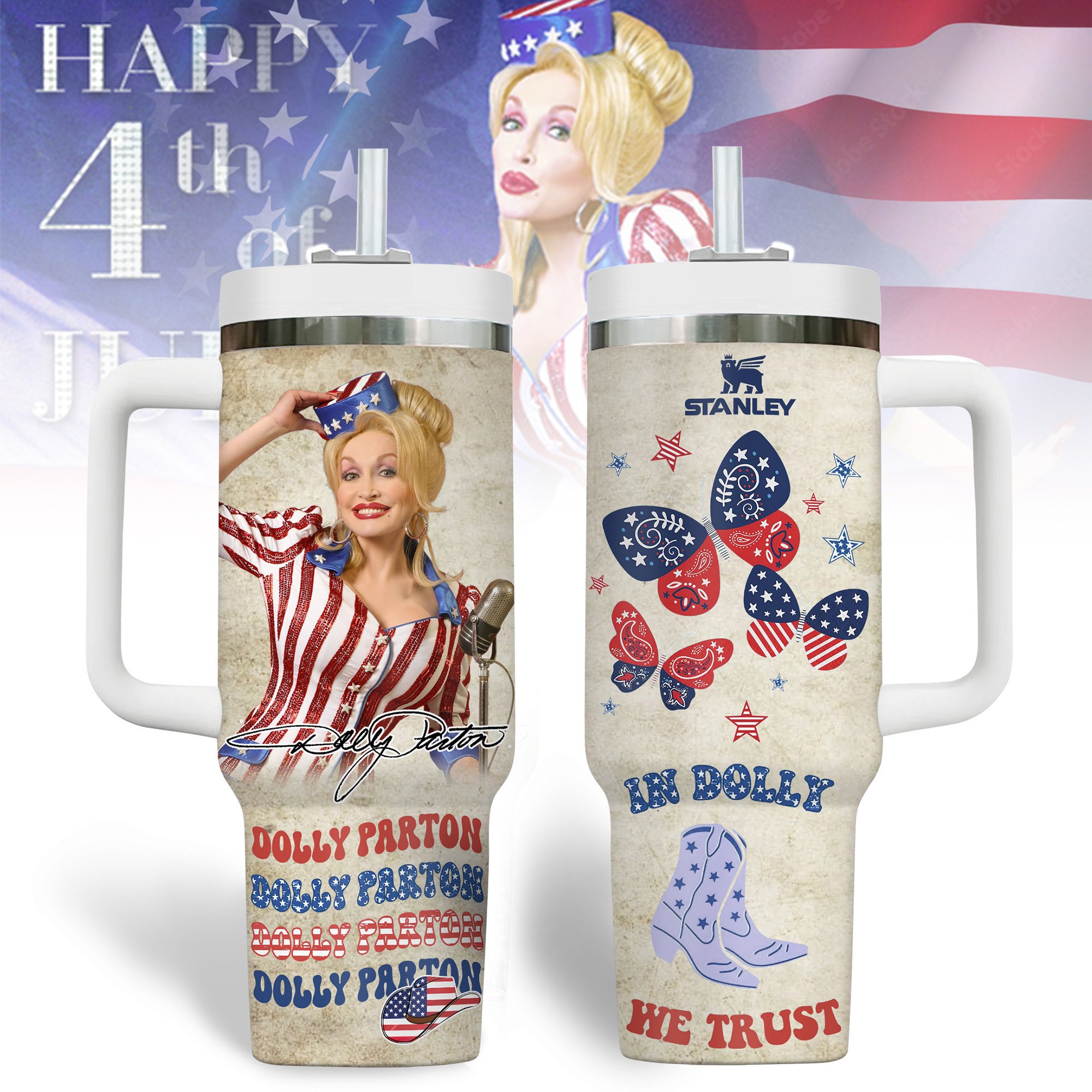 Hydratemerch Dolly Parton Music Custom Stanley Quencher 40oz Stainless Steel Tumbler With Handle