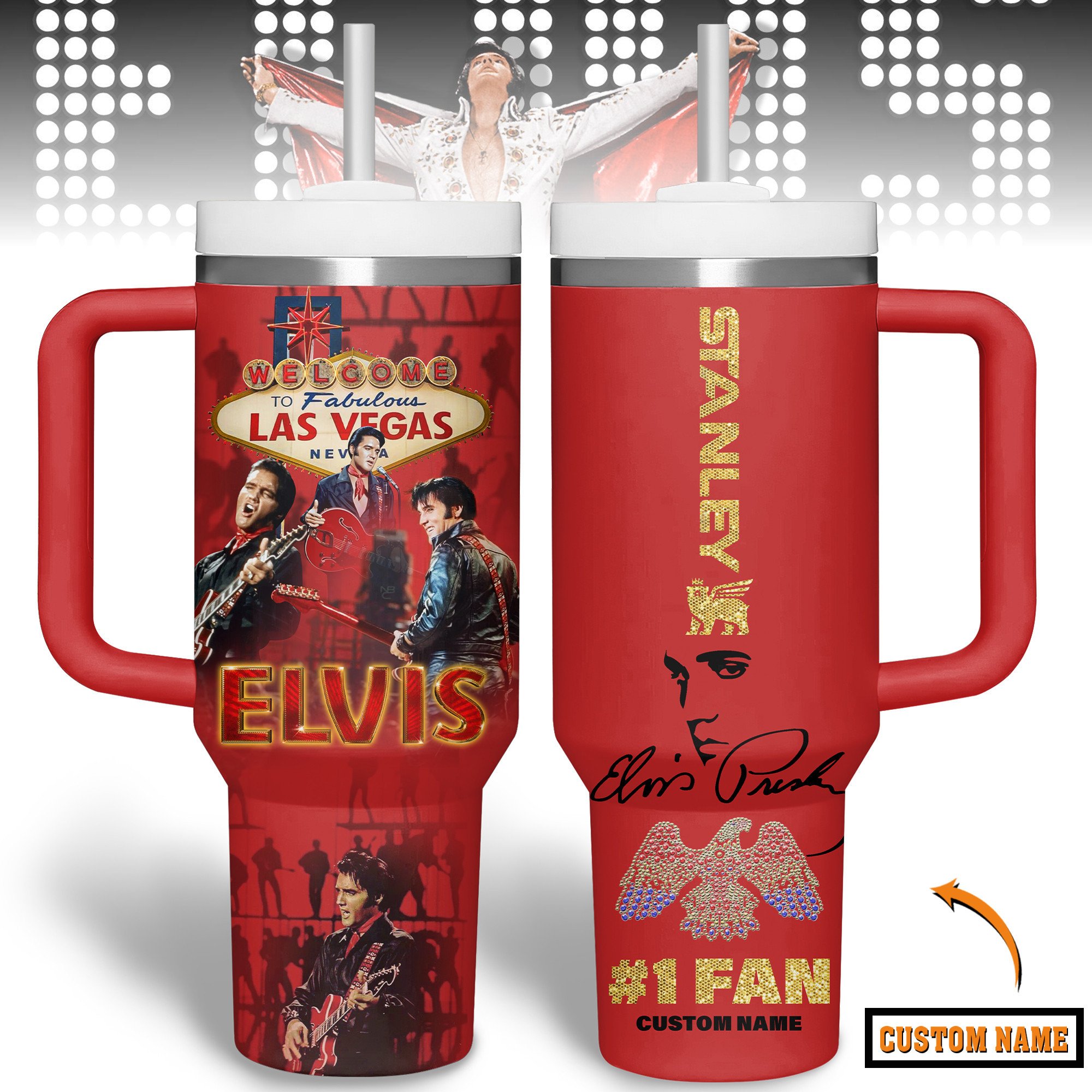 Hydratemerch Elvis Presley Music Custom Stanley Quencher 40oz Stainless Steel Tumbler With Handle