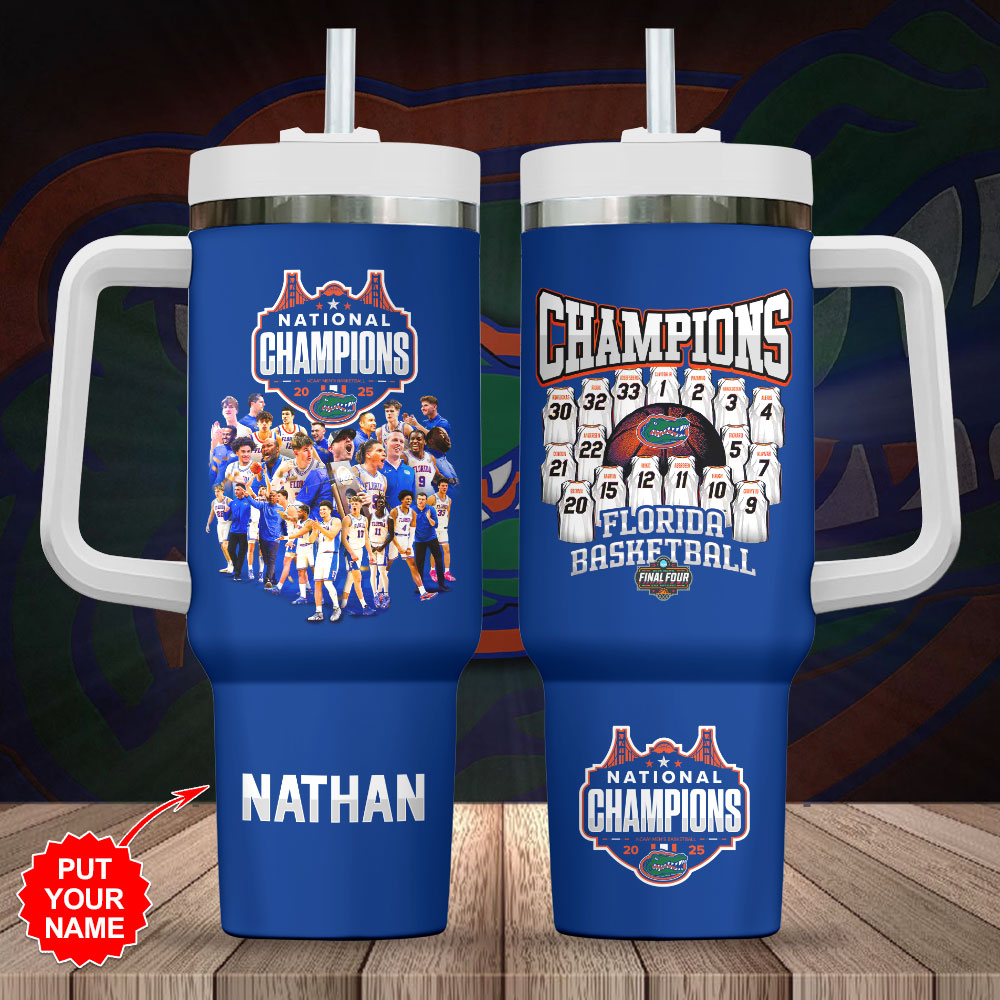 Hydratemerch Florida Gators NCAA Men's Basketball Sports Custom Stanley Quencher 40oz Stainless Steel Tumbler With Handle