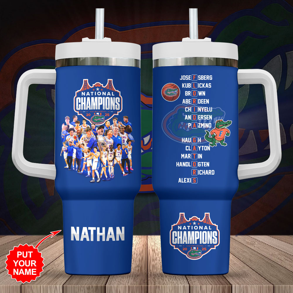 Hydratemerch Florida Gators NCAA Men's Basketball Sports Custom Stanley Quencher 40oz Stainless Steel Tumbler With Handle