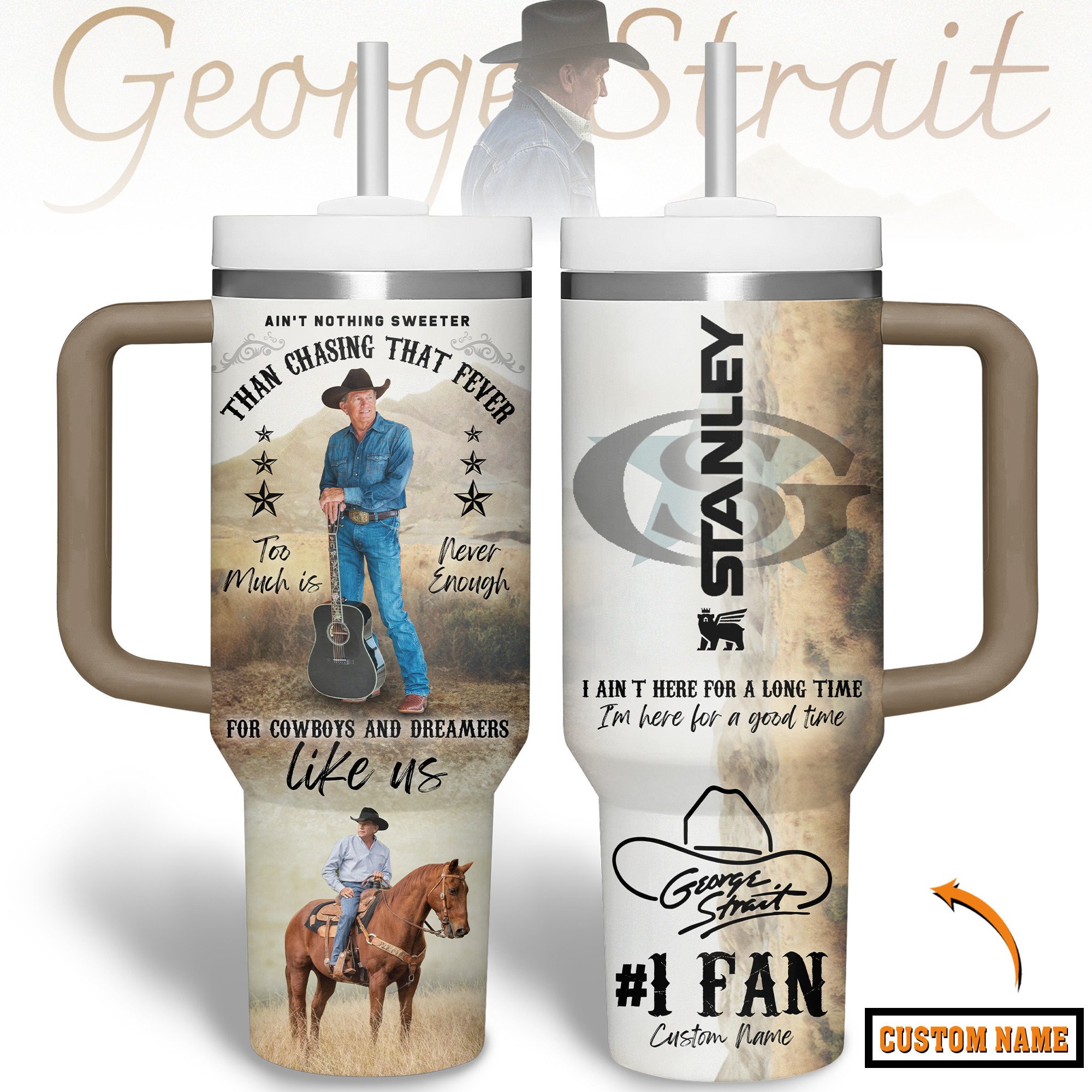 Hydratemerch George Strait Music Custom Stanley Quencher 40oz Stainless Steel Tumbler With Handle