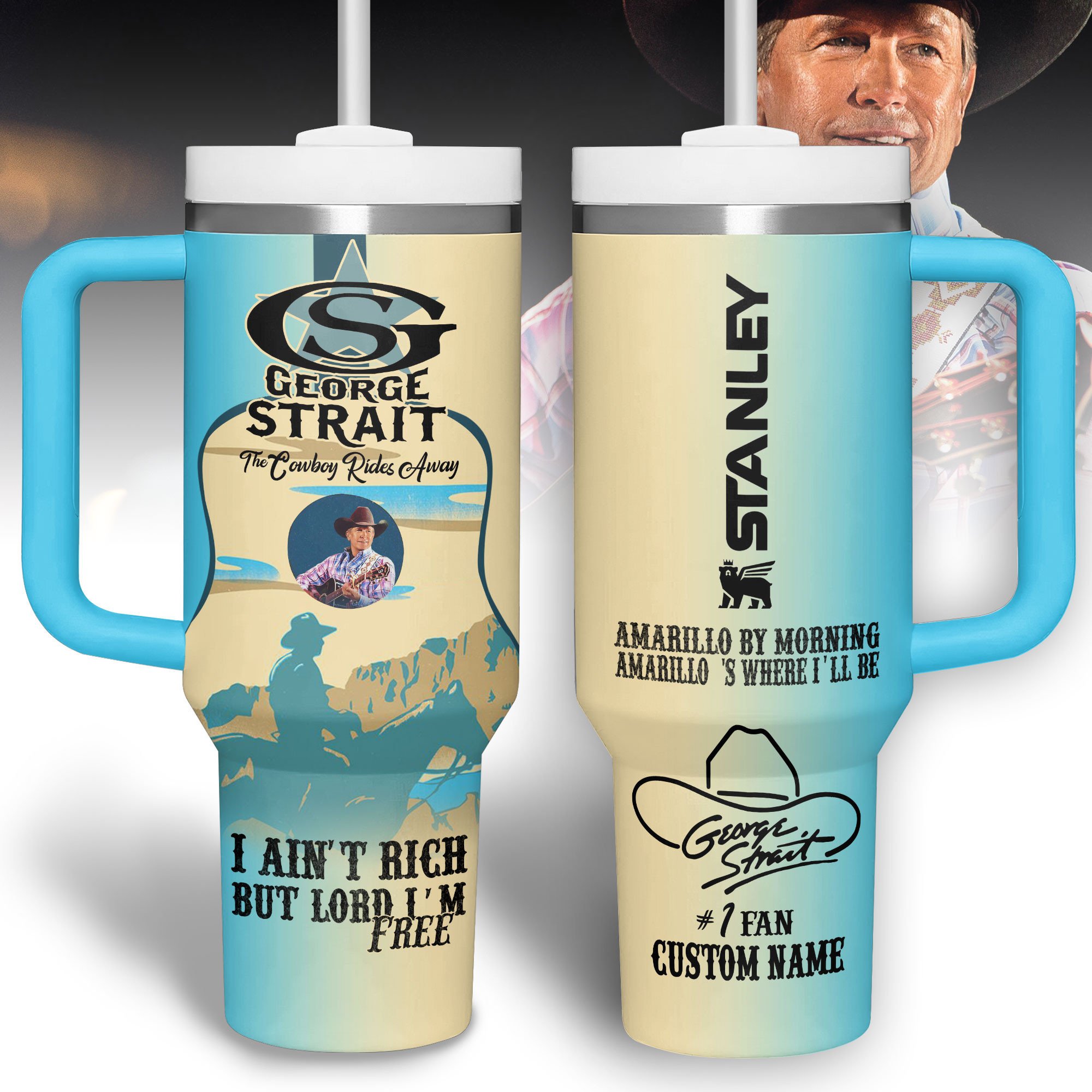 Hydratemerch George Strait Music Custom Stanley Quencher 40oz Stainless Steel Tumbler With Handle