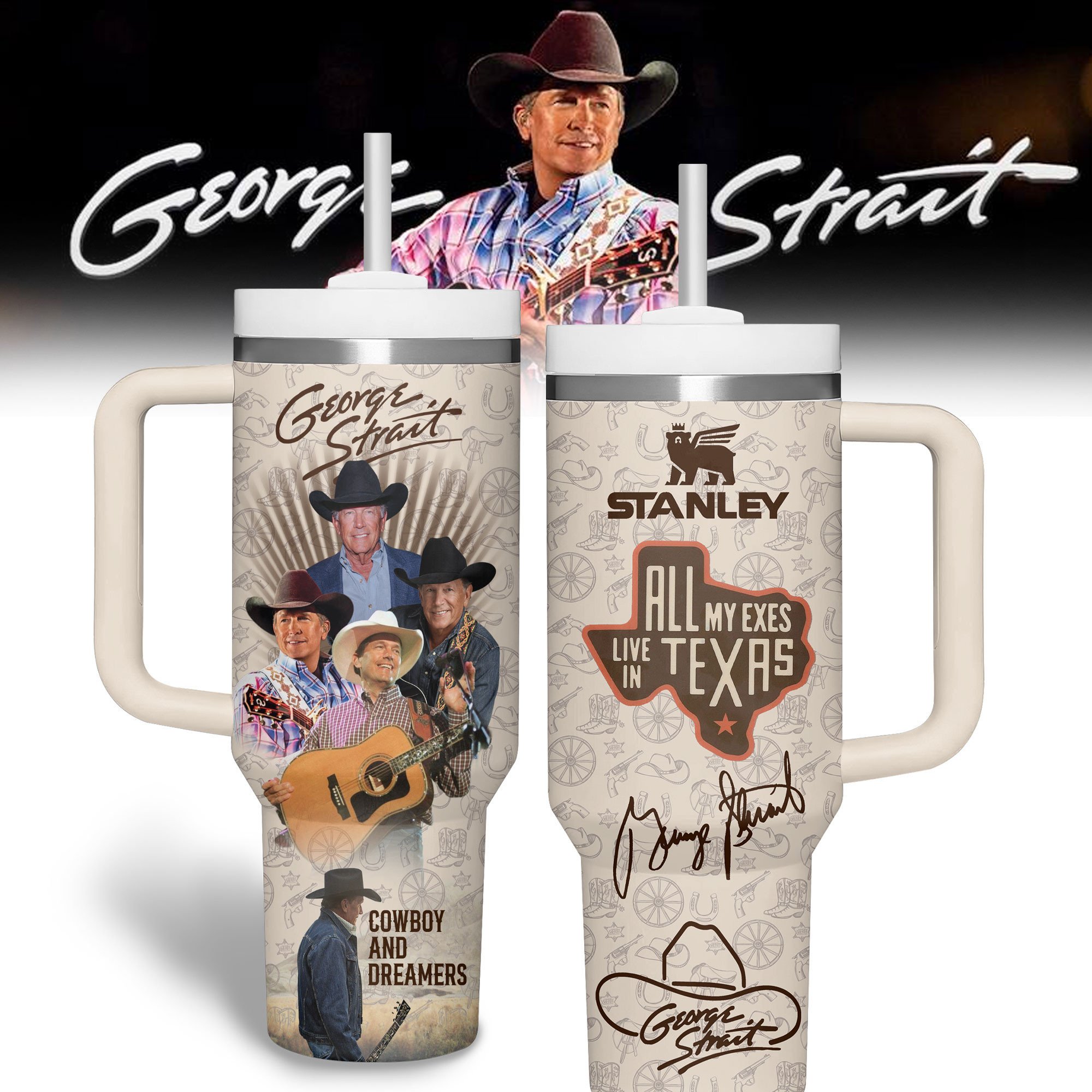 Hydratemerch George Strait Music Custom Stanley Quencher 40oz Stainless Steel Tumbler With Handle