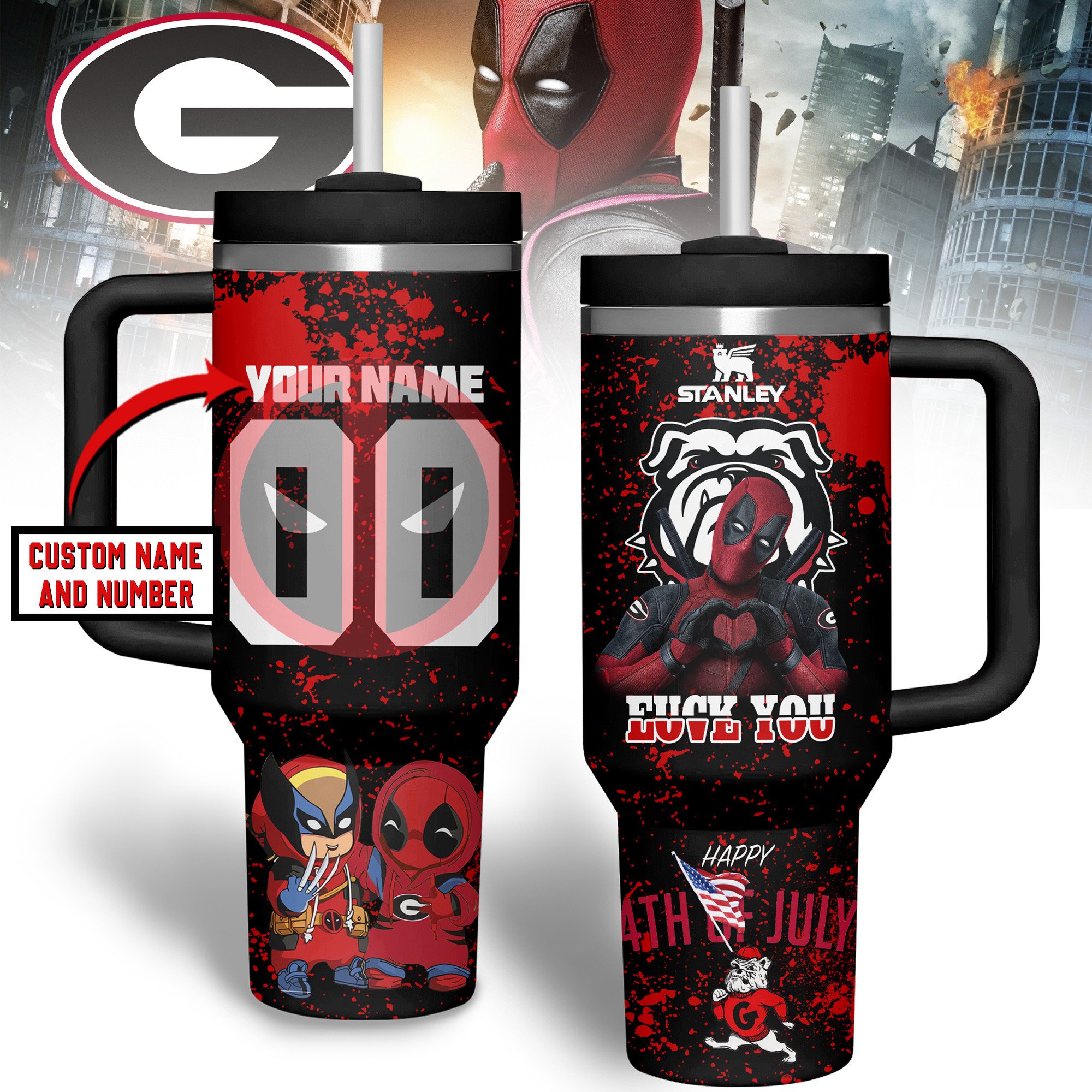 Hydratemerch Georgia Bulldogs x Deadpool NCAA Custom Stanley Quencher 40oz Stainless Steel Tumbler With Handle
