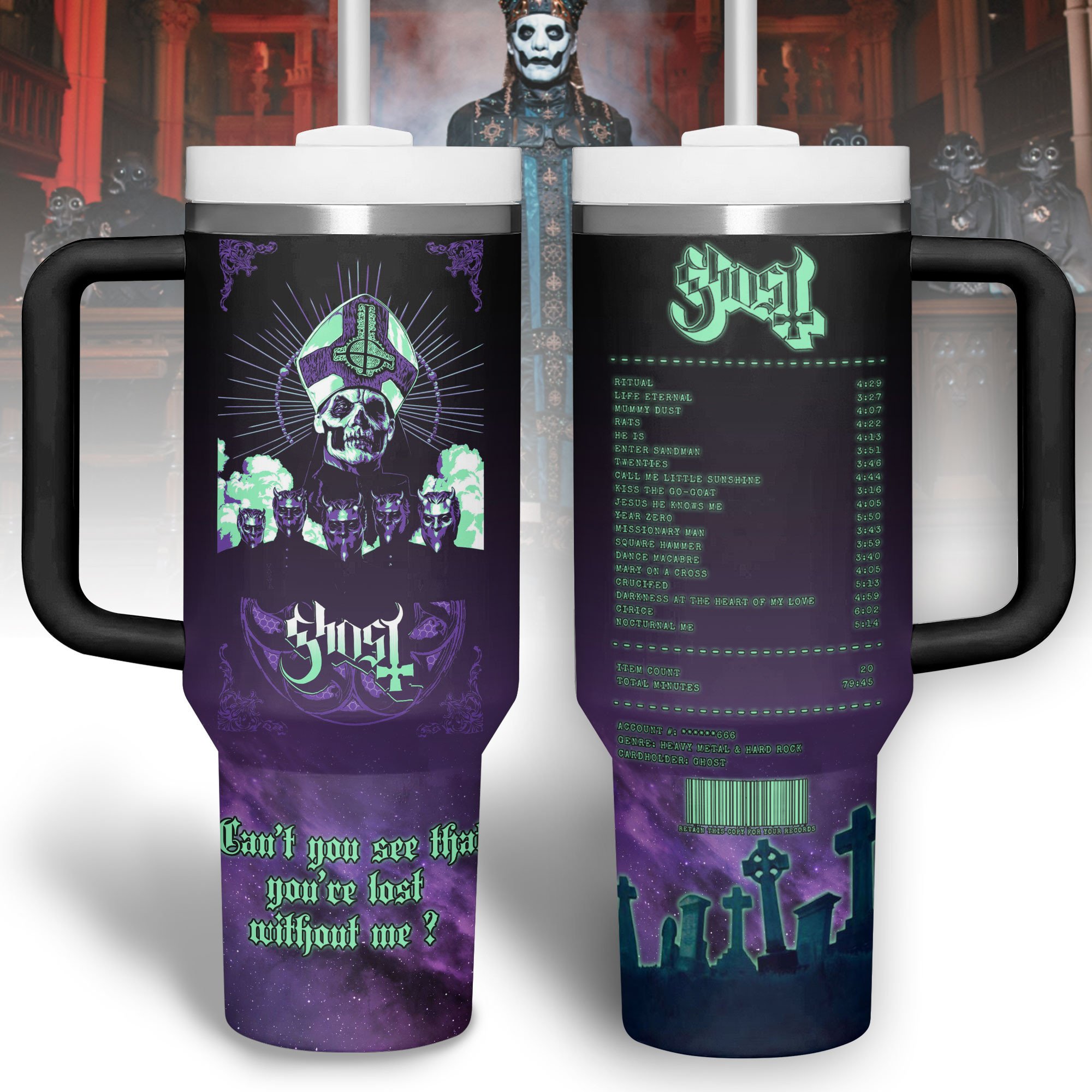 Hydratemerch Ghost Band Music Custom Stanley Quencher 40oz Stainless Steel Tumbler With Handle