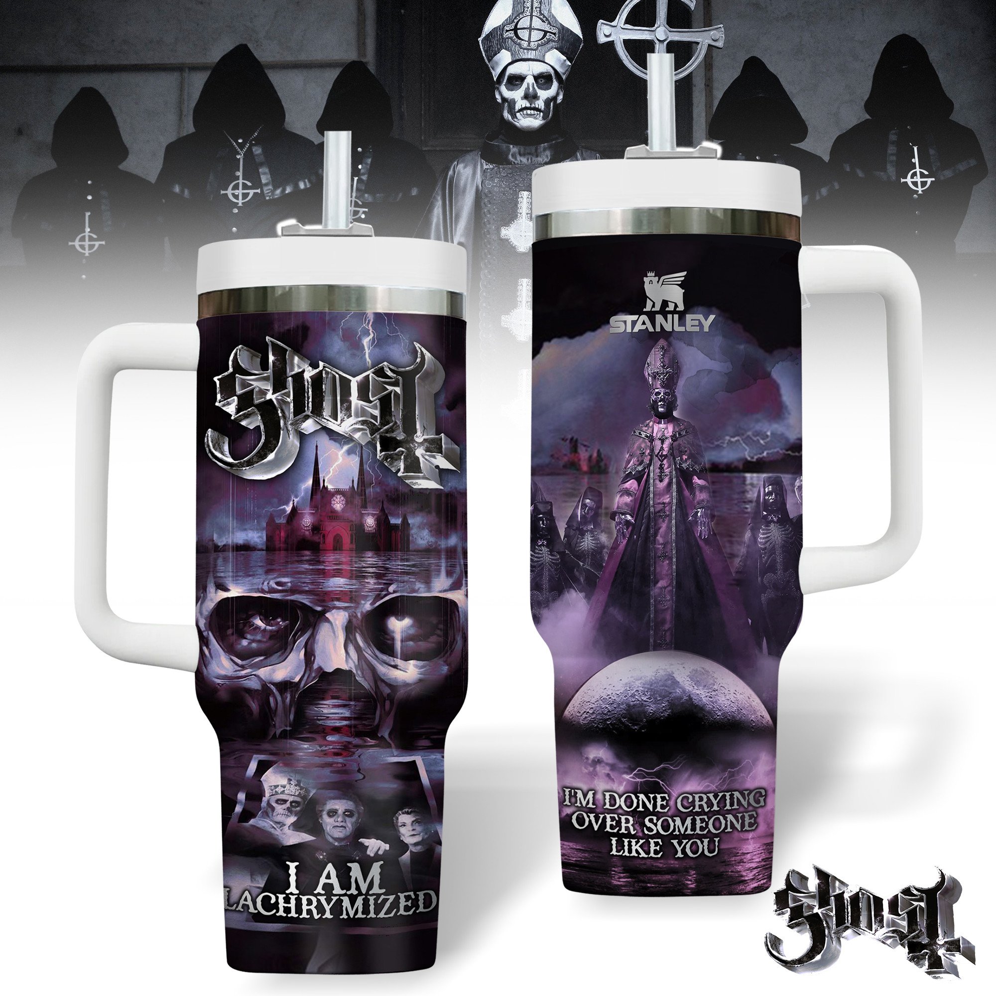 Hydratemerch Ghost Band Music Custom Stanley Quencher 40oz Stainless Steel Tumbler With Handle
