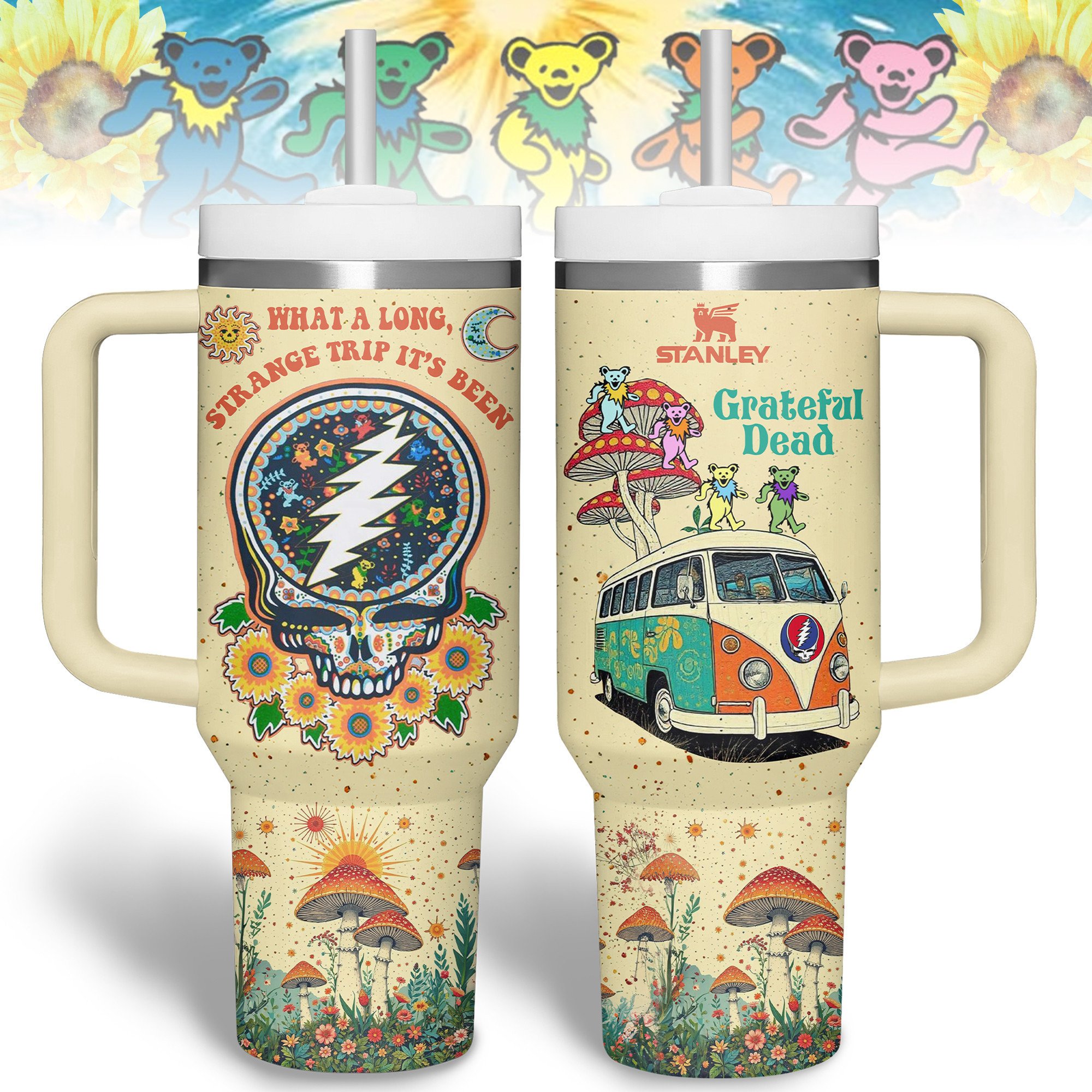 Hydratemerch Grateful Dead Music Custom Stanley Quencher 40oz Stainless Steel Tumbler With Handle