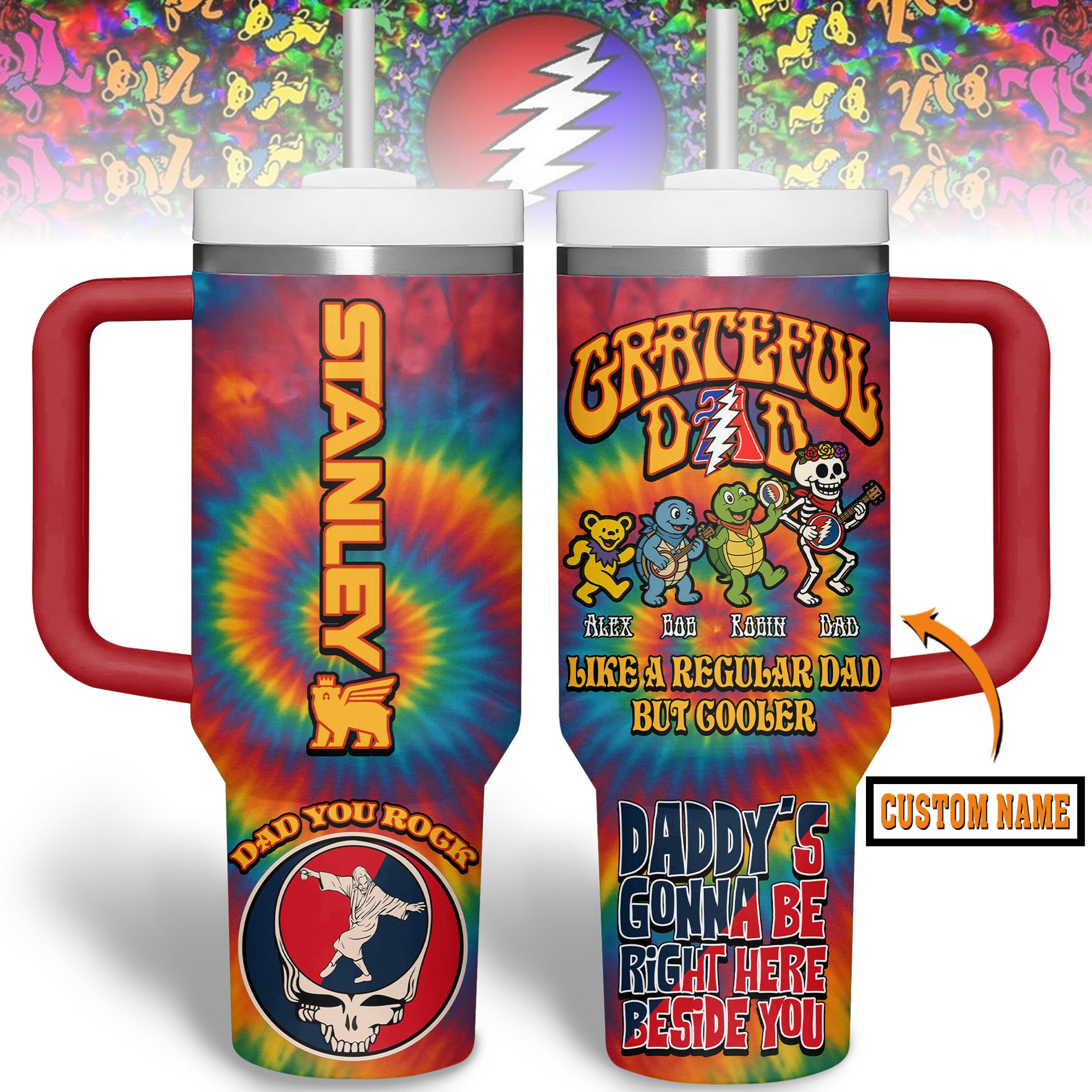 Hydratemerch Grateful Dead Music Custom Stanley Quencher 40oz Stainless Steel Tumbler With Handle
