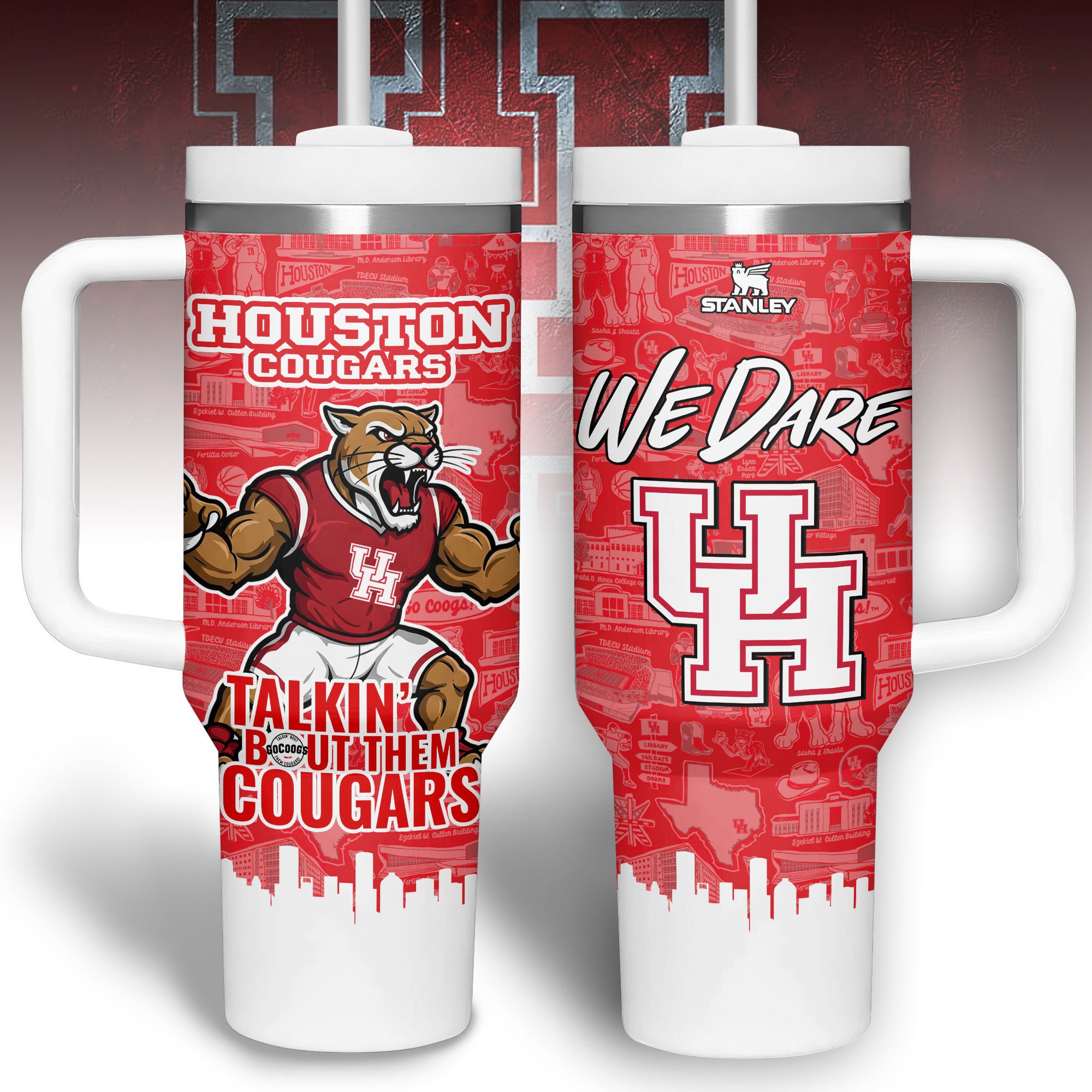 Hydratemerch Houston Cougars NCAA Custom Stanley Quencher 40oz Stainless Steel Tumbler With Handle