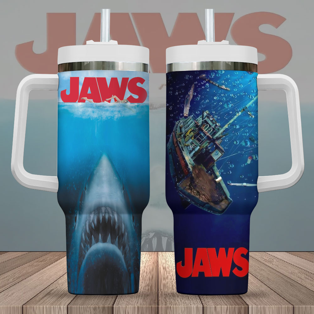 Hydratemerch Jaws Movies Custom Stanley Quencher 40oz Stainless Steel Tumbler With Handle