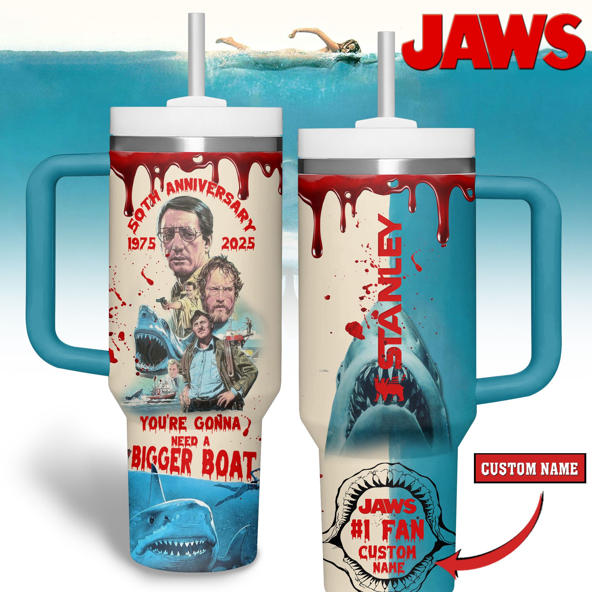 Hydratemerch Jaws Movies Custom Stanley Quencher 40oz Stainless Steel Tumbler With Handle