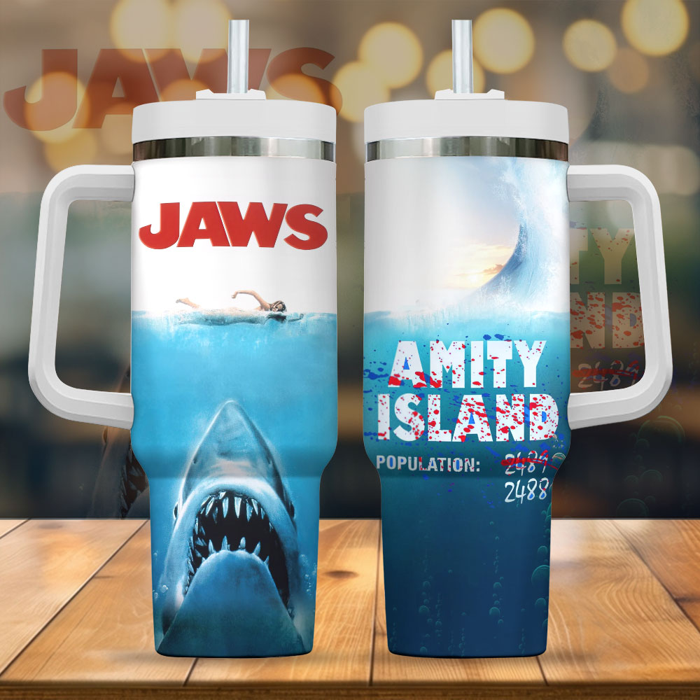 Hydratemerch Jaws Movies Custom Stanley Quencher 40oz Stainless Steel Tumbler With Handle