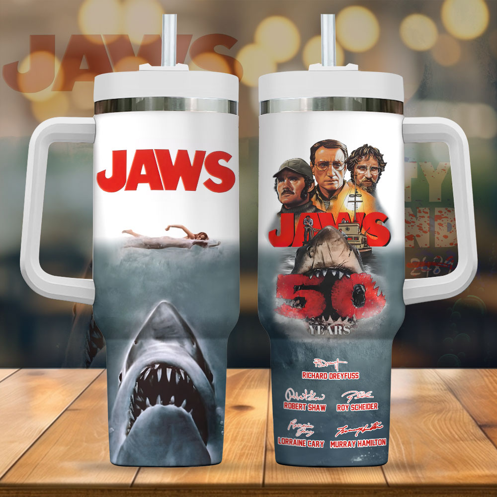 Hydratemerch Jaws Movies Custom Stanley Quencher 40oz Stainless Steel Tumbler With Handle