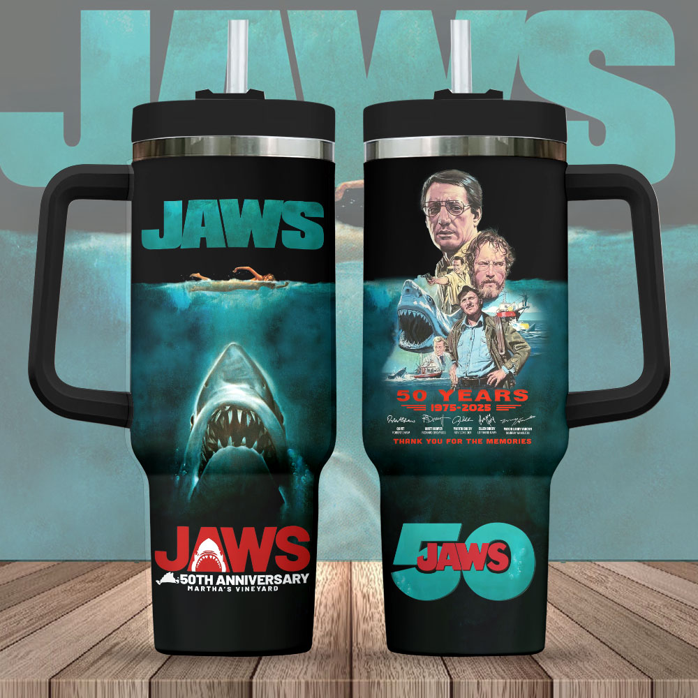 Hydratemerch Jaws Movies Custom Stanley Quencher 40oz Stainless Steel Tumbler With Handle
