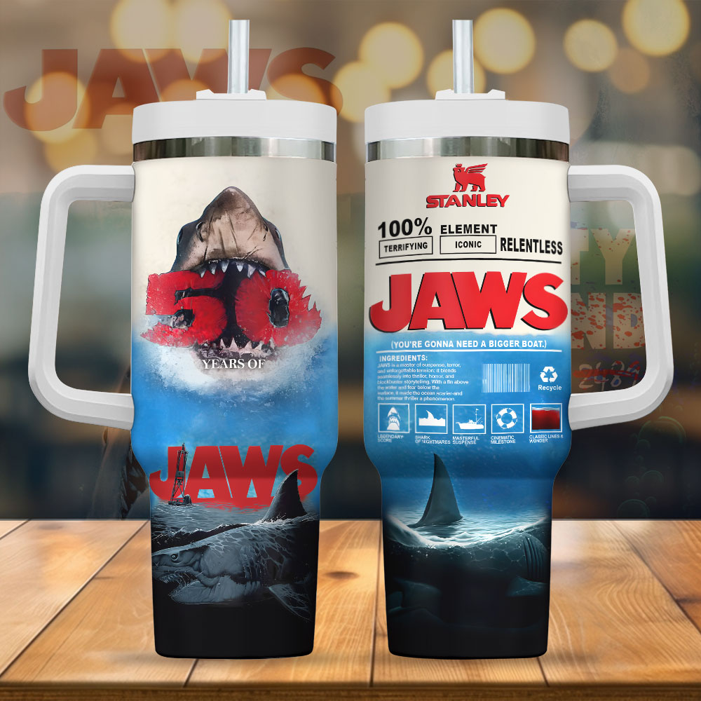 Hydratemerch Jaws Movies Custom Stanley Quencher 40oz Stainless Steel Tumbler With Handle