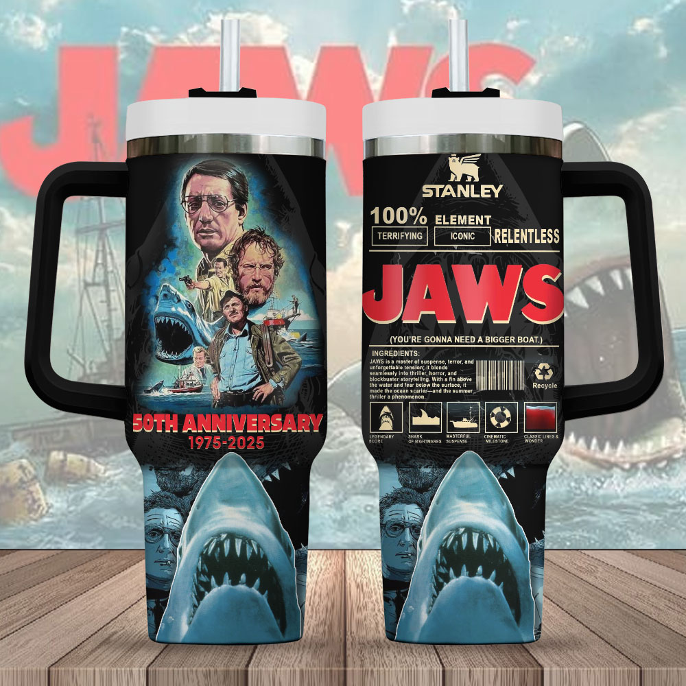 Hydratemerch Jaws Movies Custom Stanley Quencher 40oz Stainless Steel Tumbler With Handle