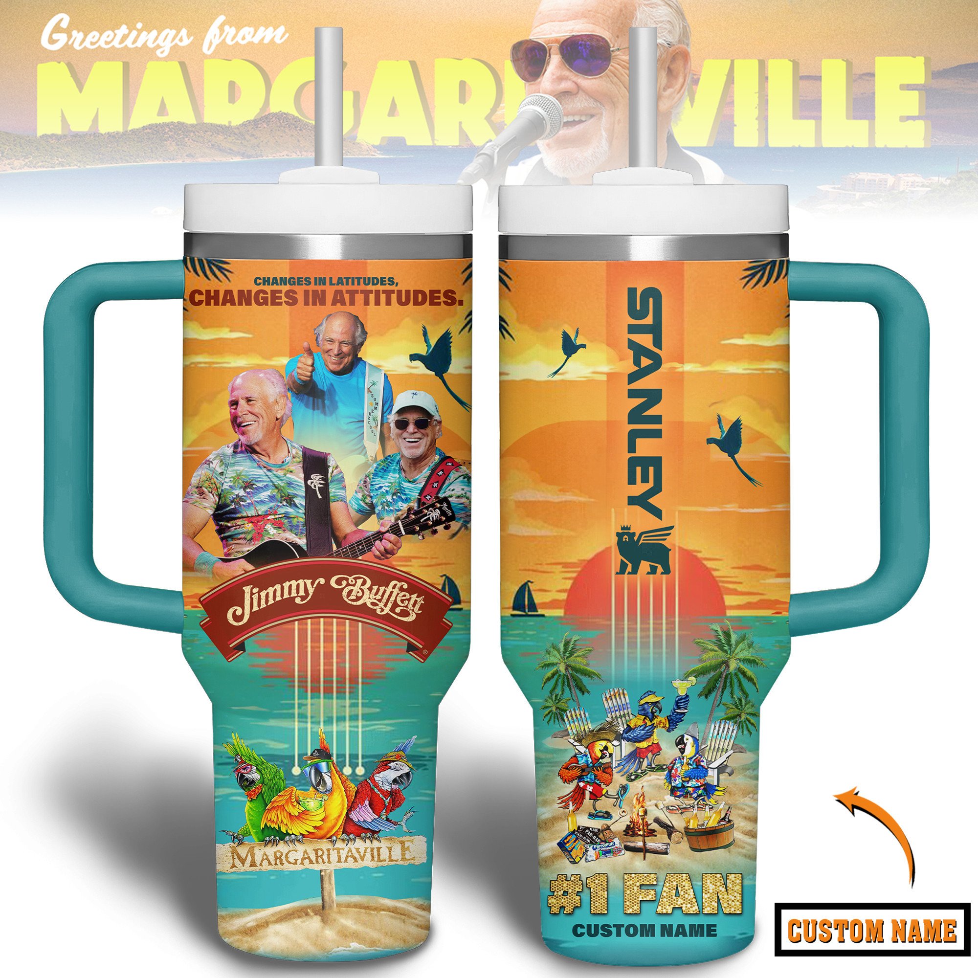 Hydratemerch Jimmy Buffett Music Custom Stanley Quencher 40oz Stainless Steel Tumbler With Handle