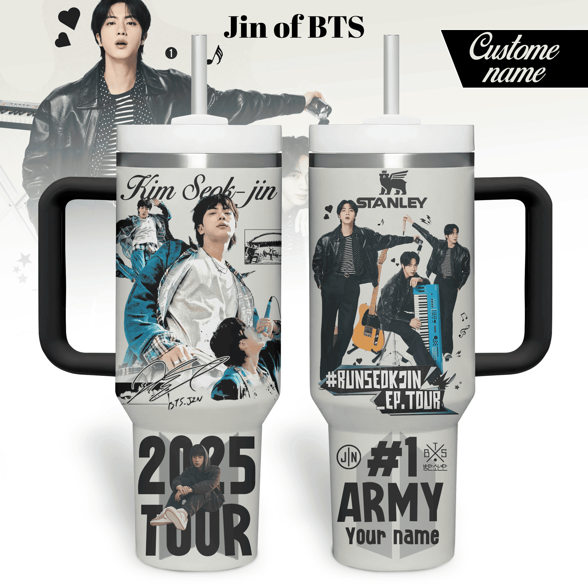 Hydratemerch Jin BTS Music Custom Stanley Quencher 40oz Stainless Steel Tumbler With Handle
