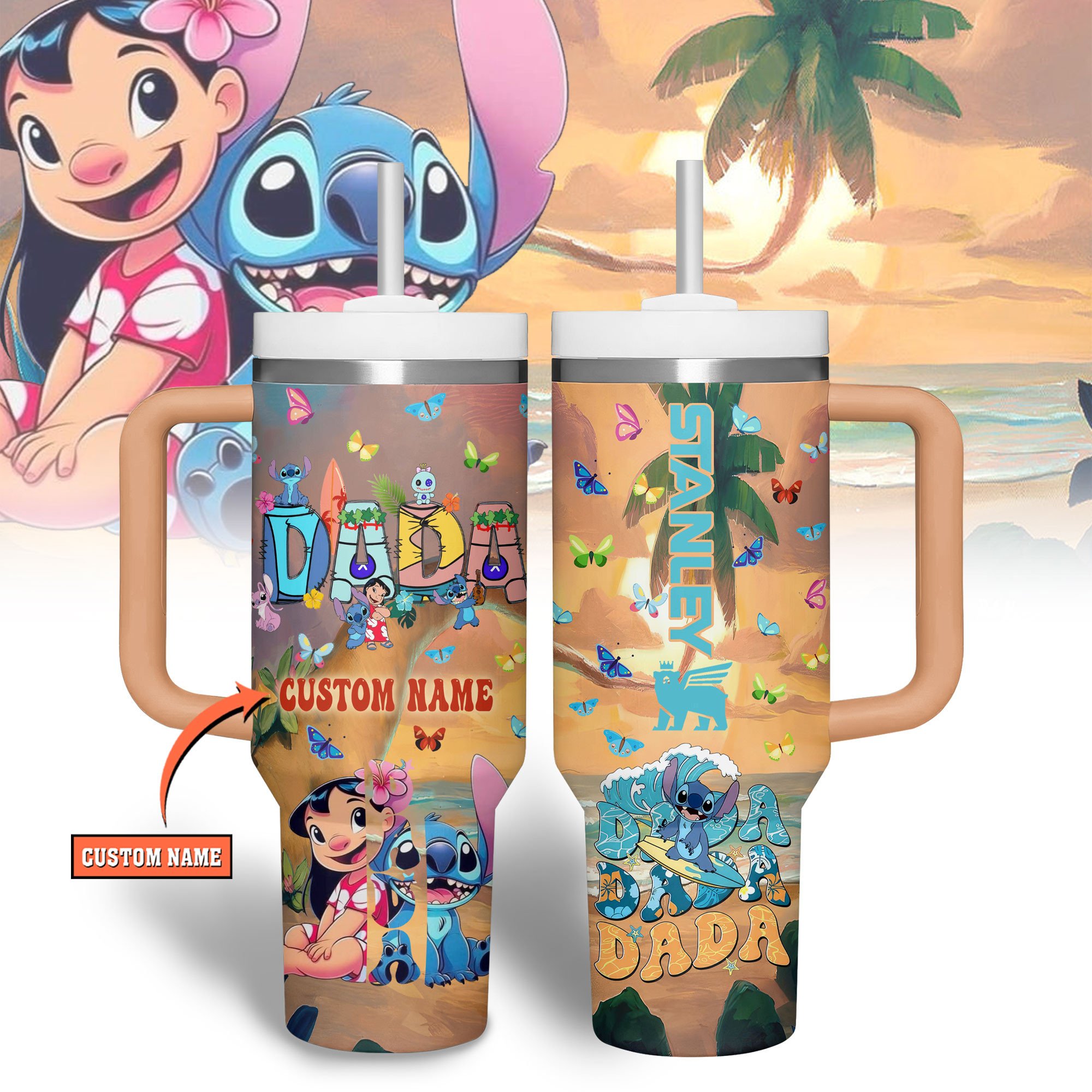 Hydratemerch Lilo And Stitch Cartoon Custom Stanley Quencher 40oz Stainless Steel Tumbler With Handle