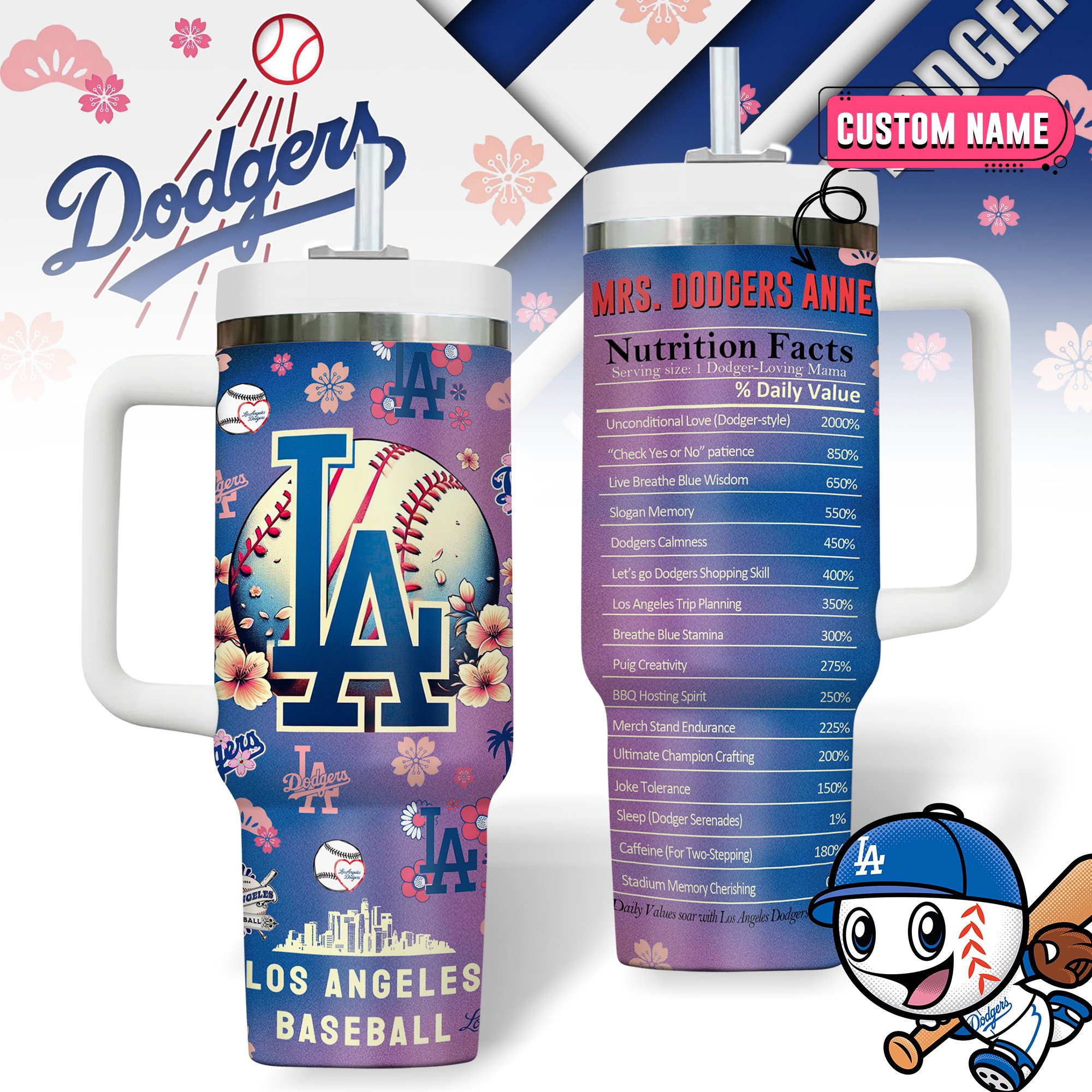 Hydratemerch Los Angeles Dodgers MLB Custom Stanley Quencher 40oz Stainless Steel Tumbler With Handle