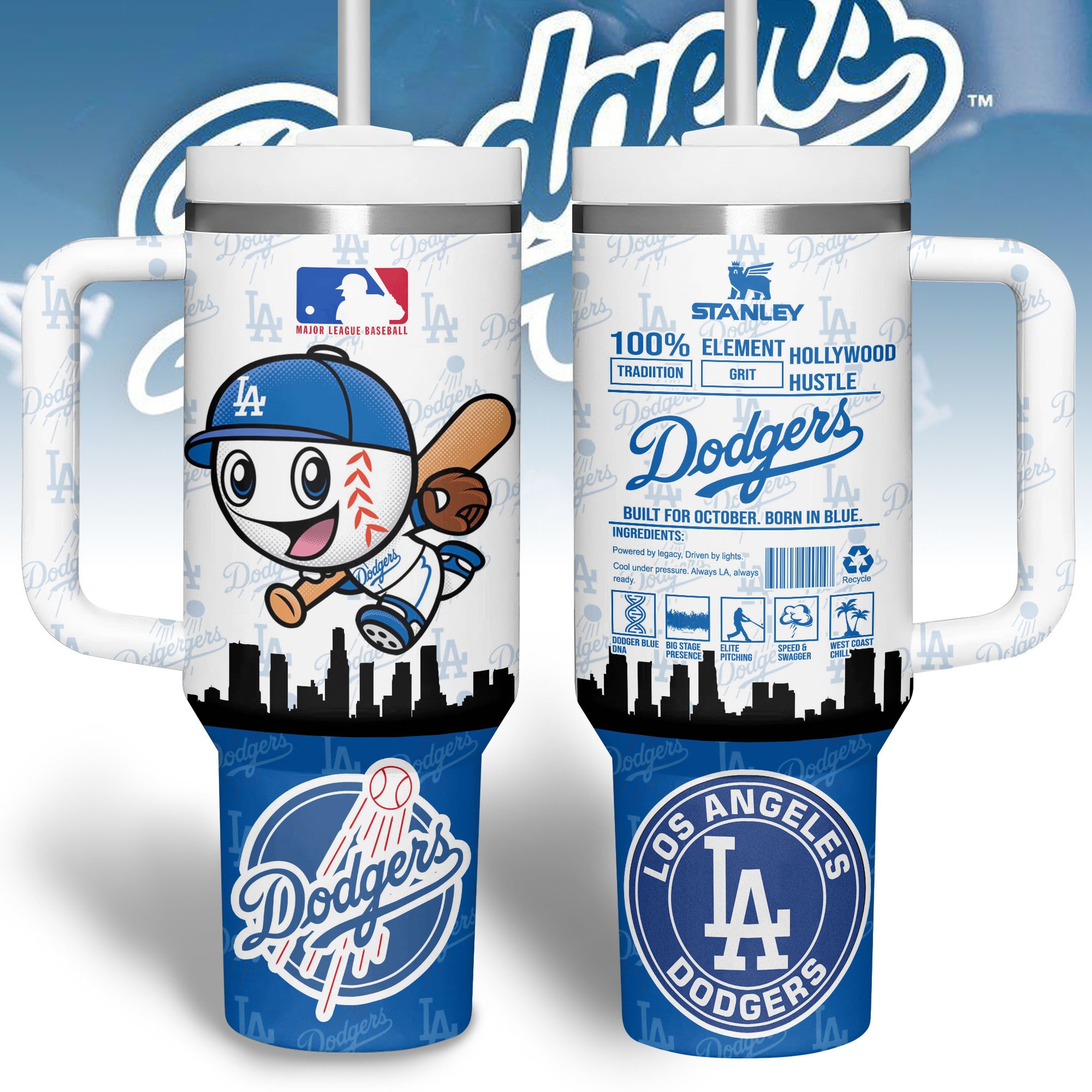 Hydratemerch Los Angeles Dodgers MLB Custom Stanley Quencher 40oz Stainless Steel Tumbler With Handle