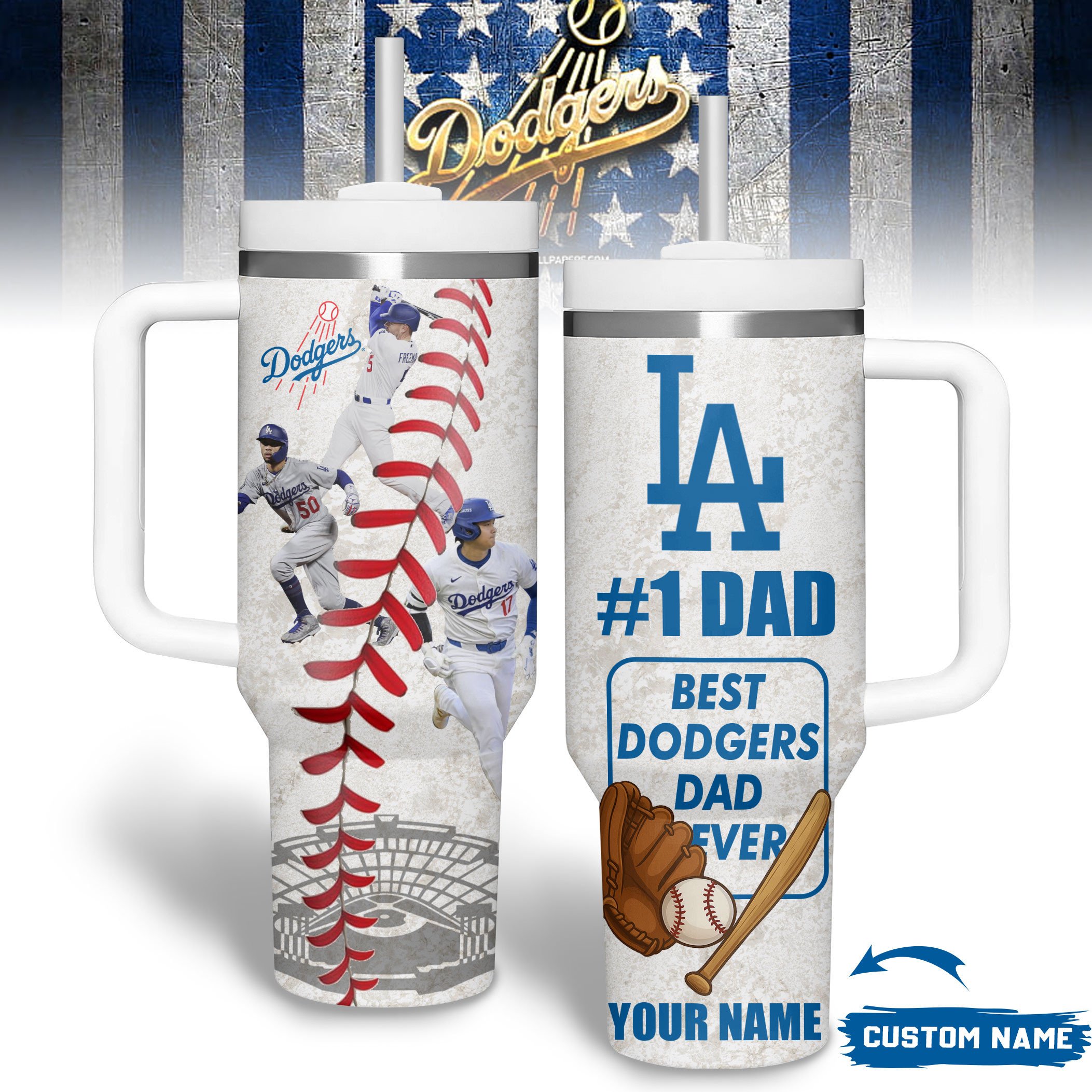 Hydratemerch Los Angeles Dodgers MLB Custom Stanley Quencher 40oz Stainless Steel Tumbler With Handle