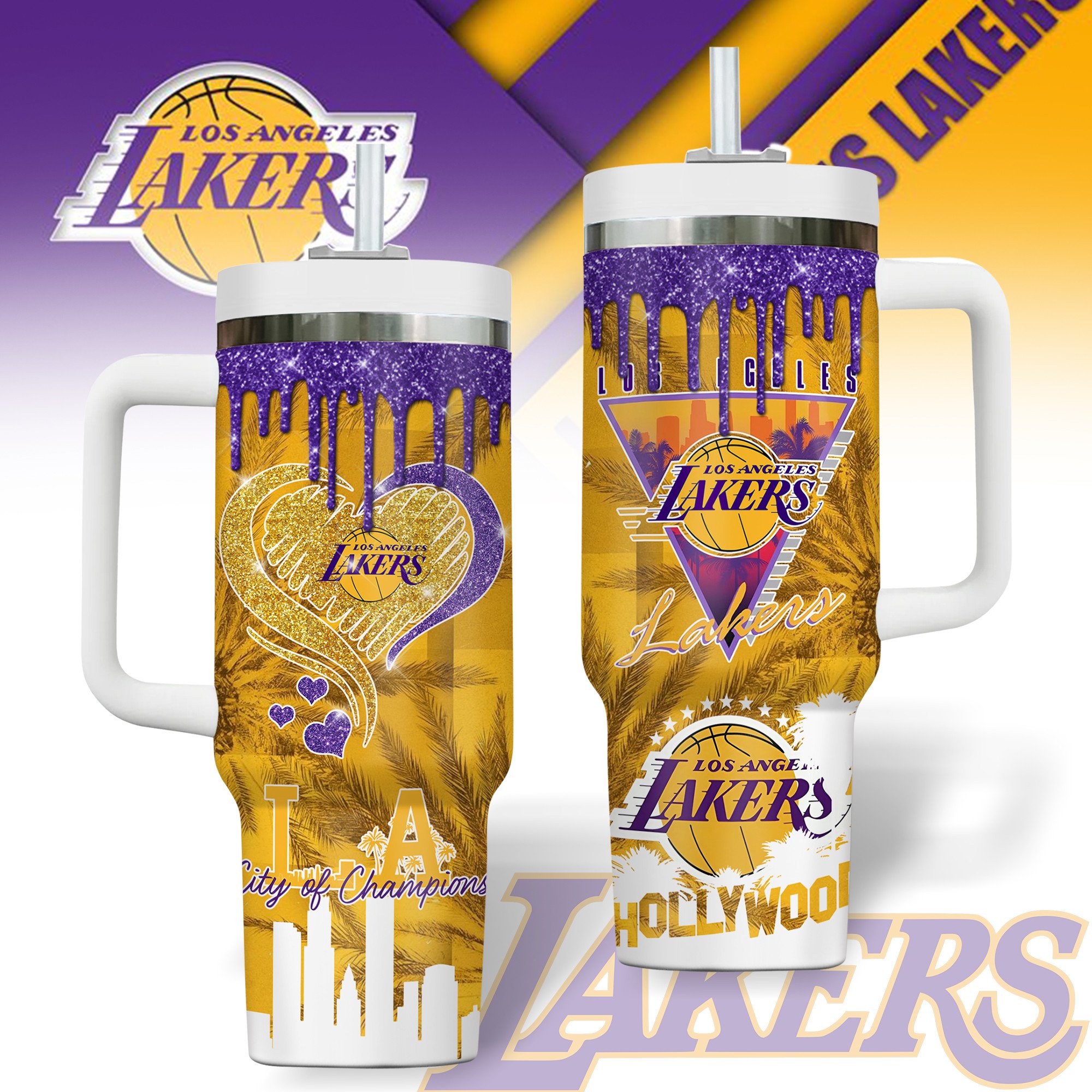 Hydratemerch Los Angeles Lakers NBA Custom Stanley Quencher 40oz Stainless Steel Tumbler With Handle