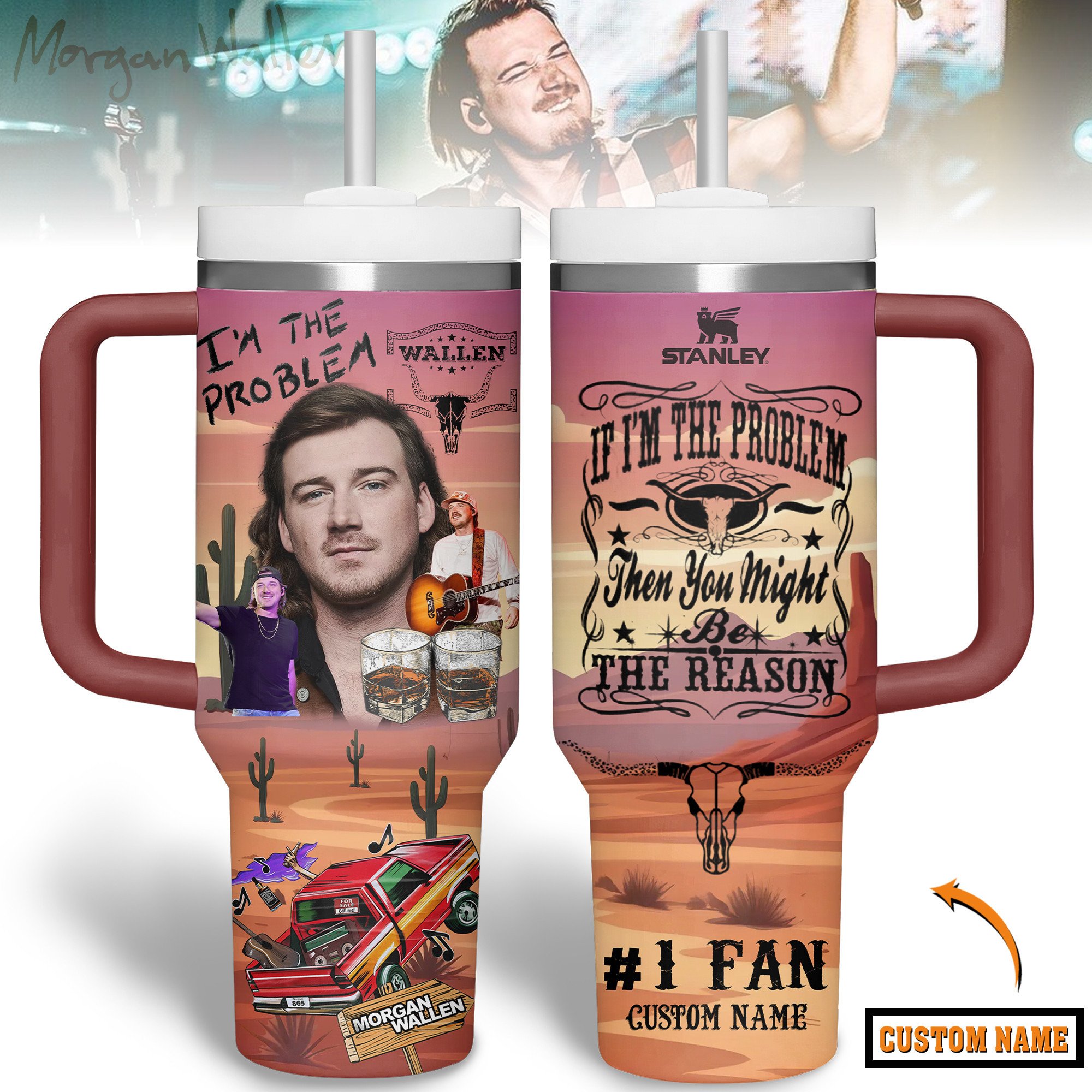 Hydratemerch Morgan Wallen Music Custom Stanley Quencher 40oz Stainless Steel Tumbler With Handle