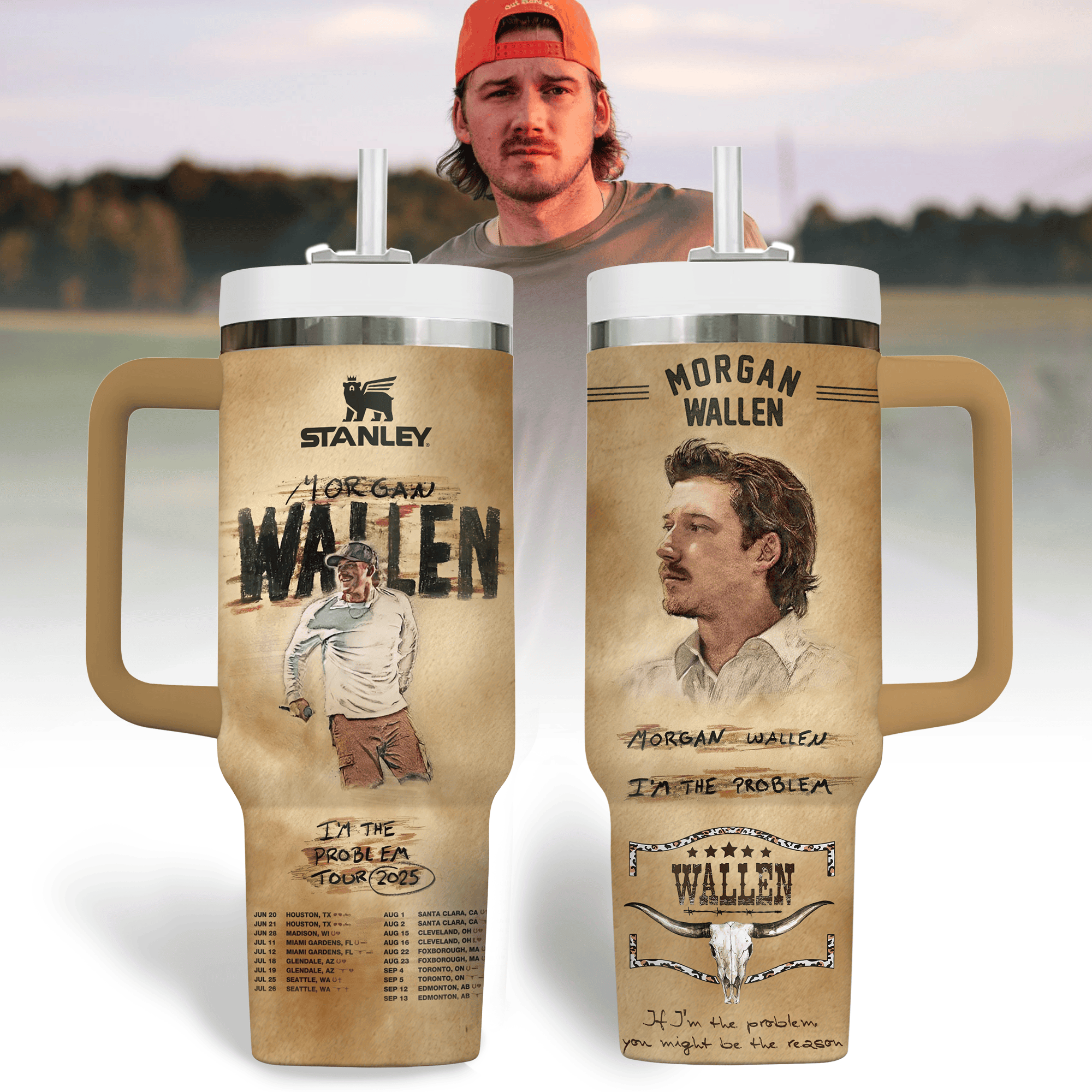 Hydratemerch Morgan Wallen Music Custom Stanley Quencher 40oz Stainless Steel Tumbler With Handle